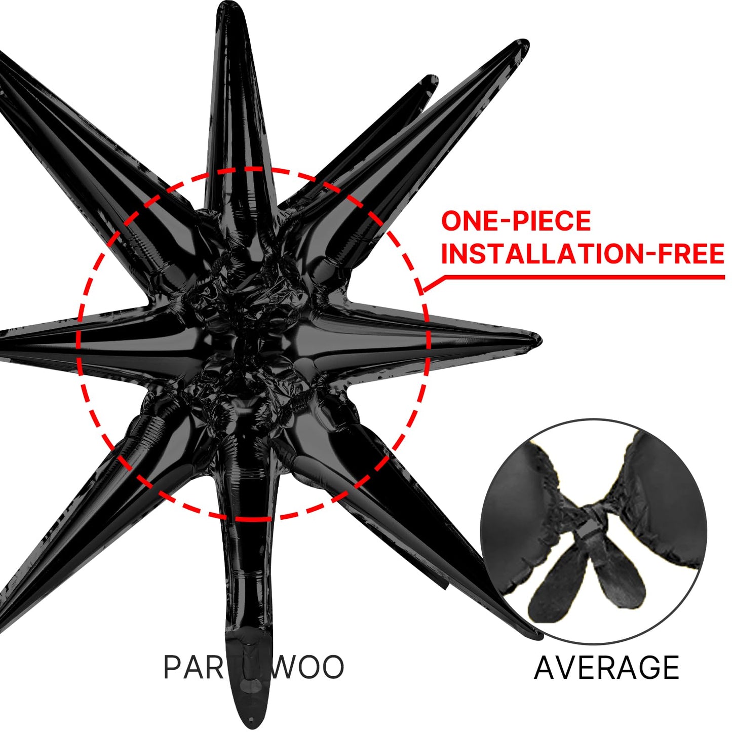 Partywoo Black Star Balloons, 2 Pcs 42 Inch Large 14-Pointed Starburst Balloons, One-Piece Star Explosion Balloons With Ribbon, Point Star Foil Balloons, Mylar Balloons For Birthday Party Decorations
