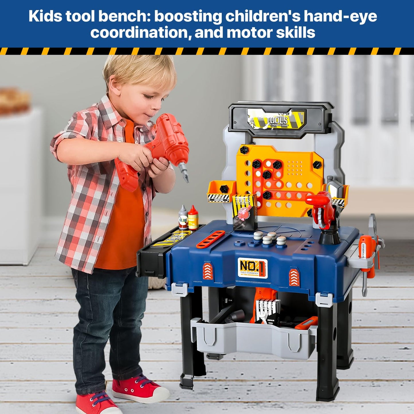 MUGEYMYD Kids Tool Bench Set with Electric Drill and Realistic Tool, Pretend Play Construction Workbench Toys for Toddlers, Buil