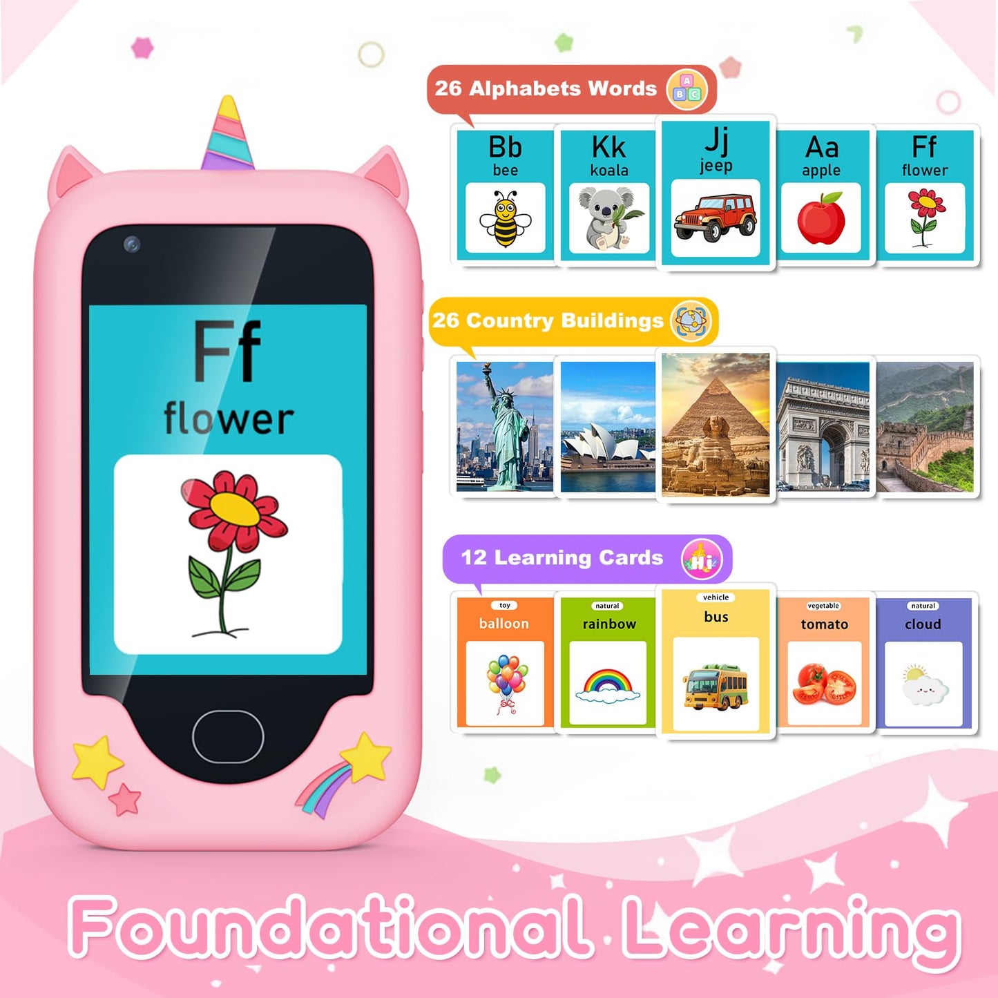 Gocina Kids Smartphone Toys, Toddler Phone with Camera, Music, Games & 32GB Card, Christmas Birthday Gift Play Phone for Girls A