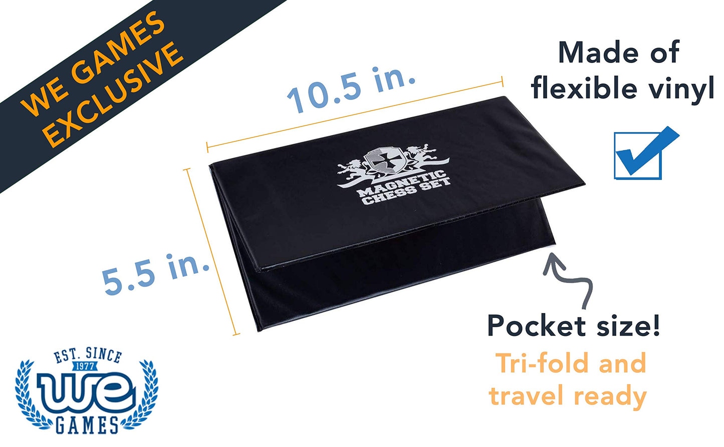 WE Games Mini Magnetic Travel Chess Set - 10-Inch Foldable Board, Durable Vinyl Pieces, White Logo