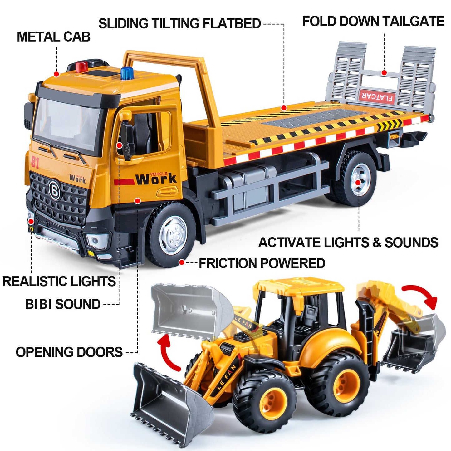 HAPYAD Tow Truck Toy Metal Cab, Flatbed Tow Truck Toys for Boys with Backhoe Loader, Friction Powered Transport Trailers with Li