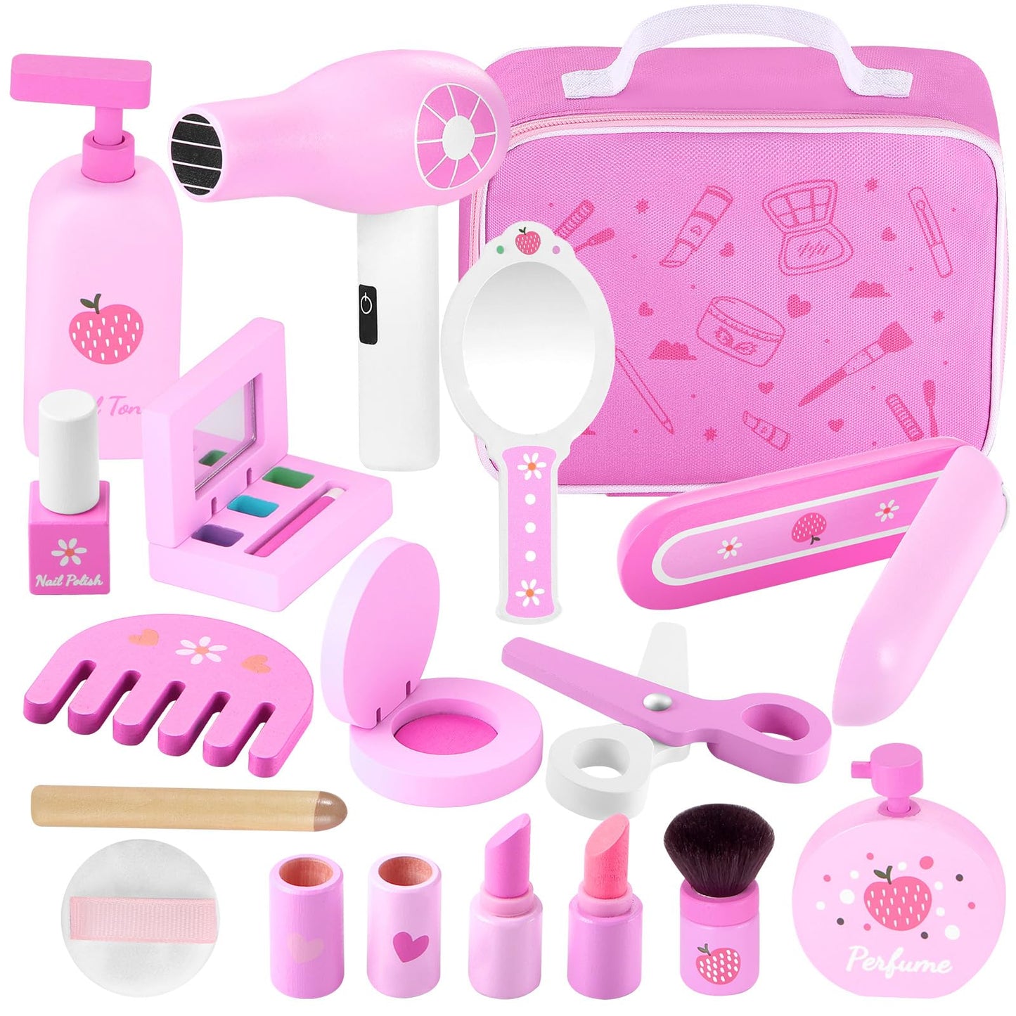 GAGAKU Wooden Makeup Toy Set Pretend Wood Beauty Hair Salon Toys for Toddler Wooden Makeup Kit for Girls with Styling Tools Chri