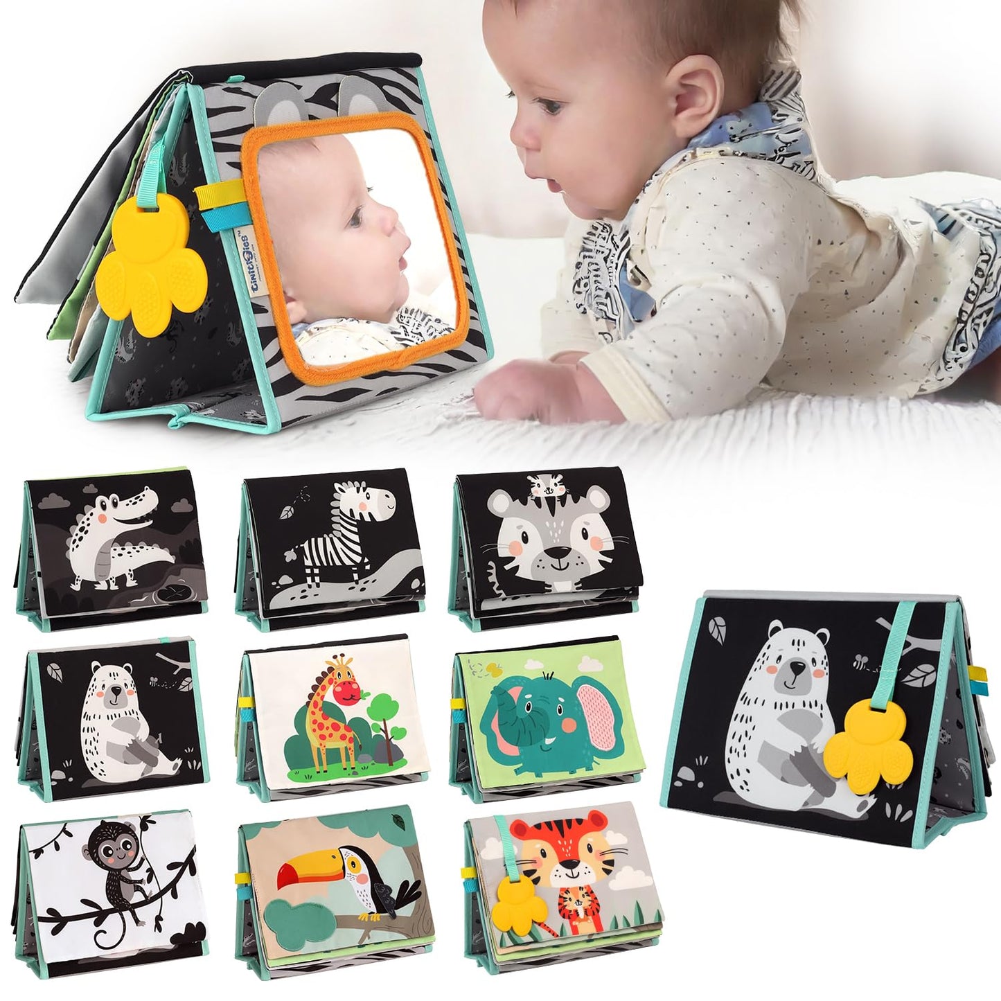 TINITIGIES Tummy Time Mirror for Babies - High Contrast Baby Mirror Book with Silicone Teether & Crinkle Pages - Tummy Time Toys for Babies 0 3 6 9 Months-New
