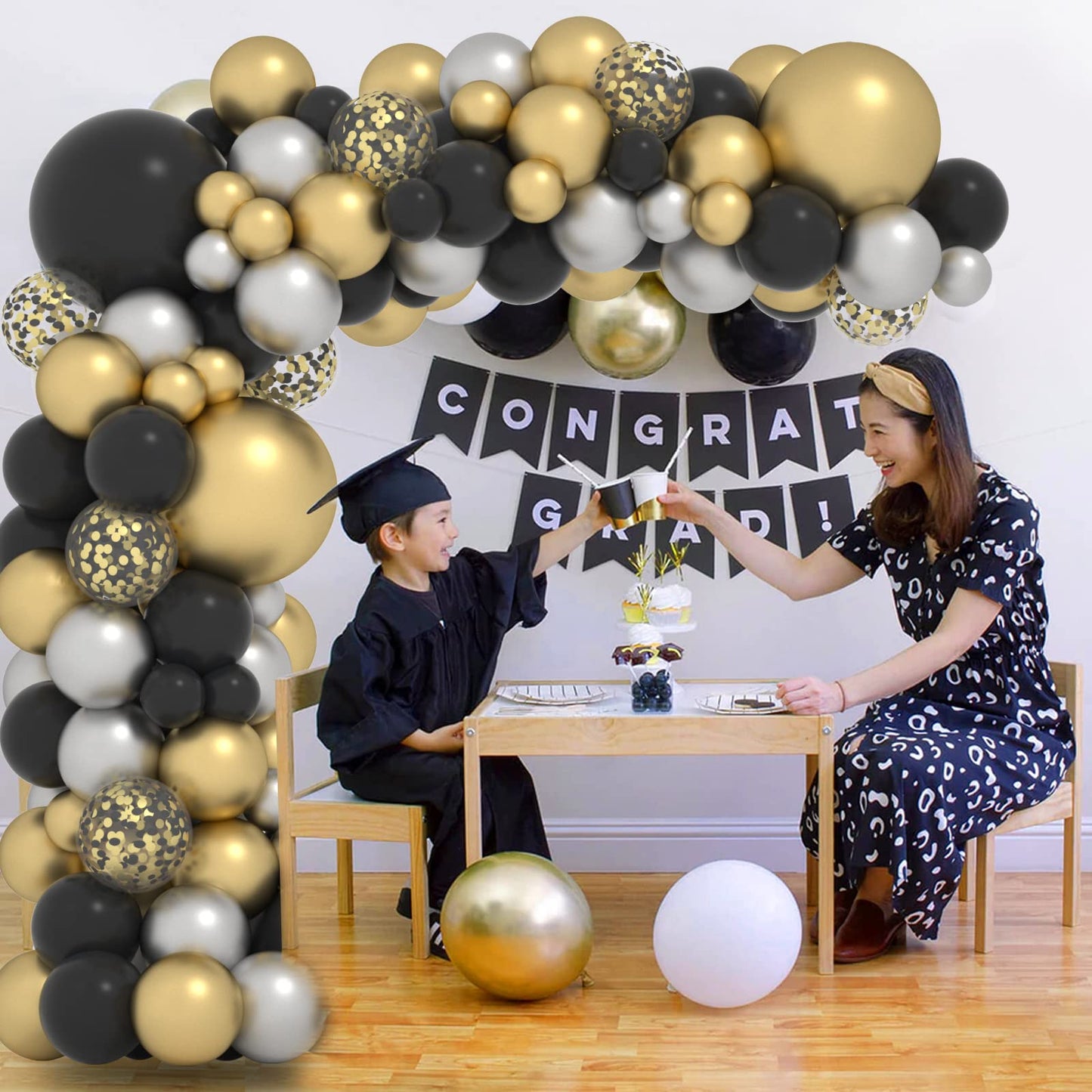 Black And Gold Balloons Arch Kit 125Pcs Metallic Gold Sliver Black Balloons 5/12/18 Inch Black And Gold Grad Balloon Garland Arc