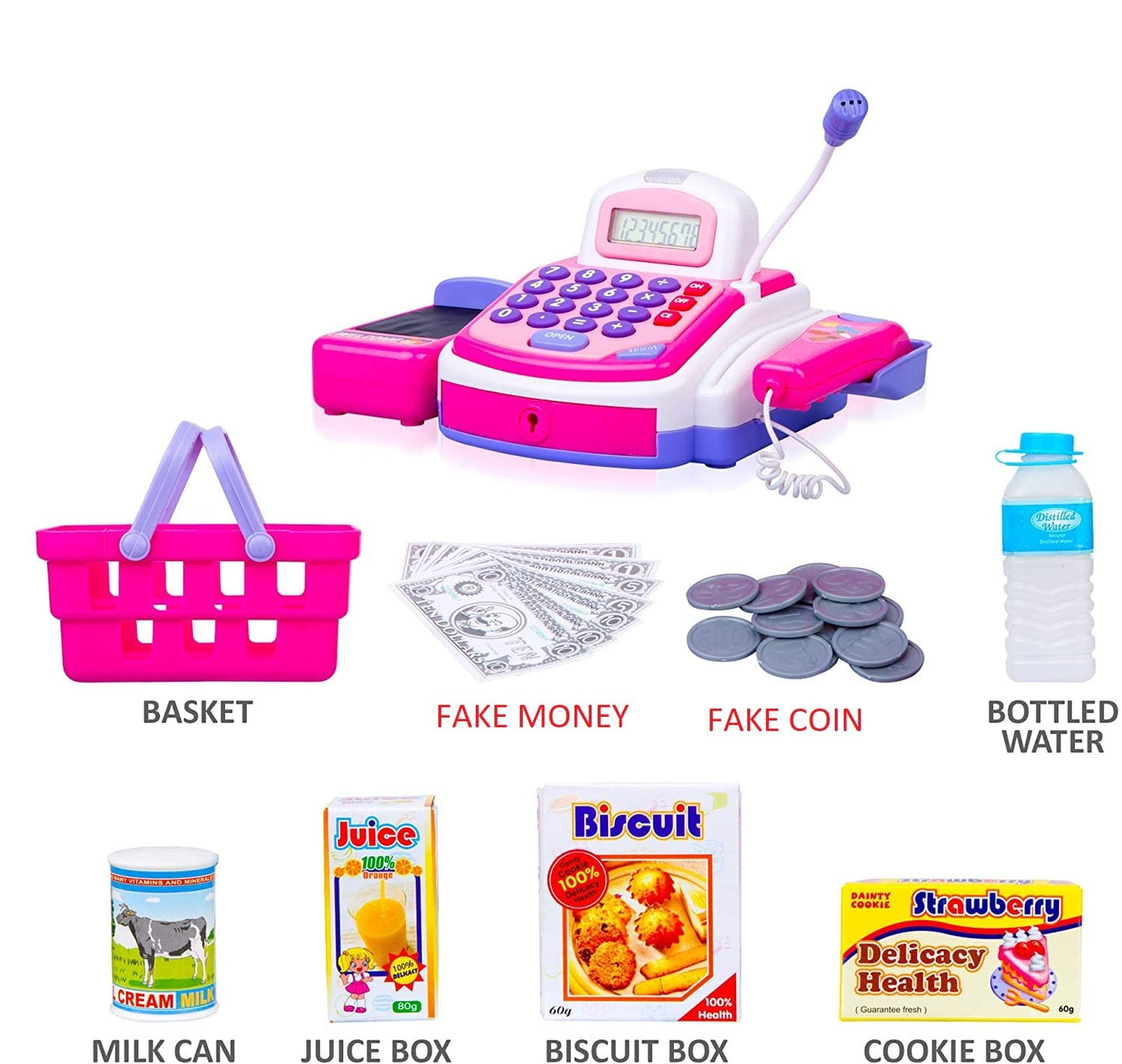 Lvnvtoys Activity Learning Family Battery Operated Electronic Cash Register Toy Pretend Play Microphone, Scanner, Money and Cred