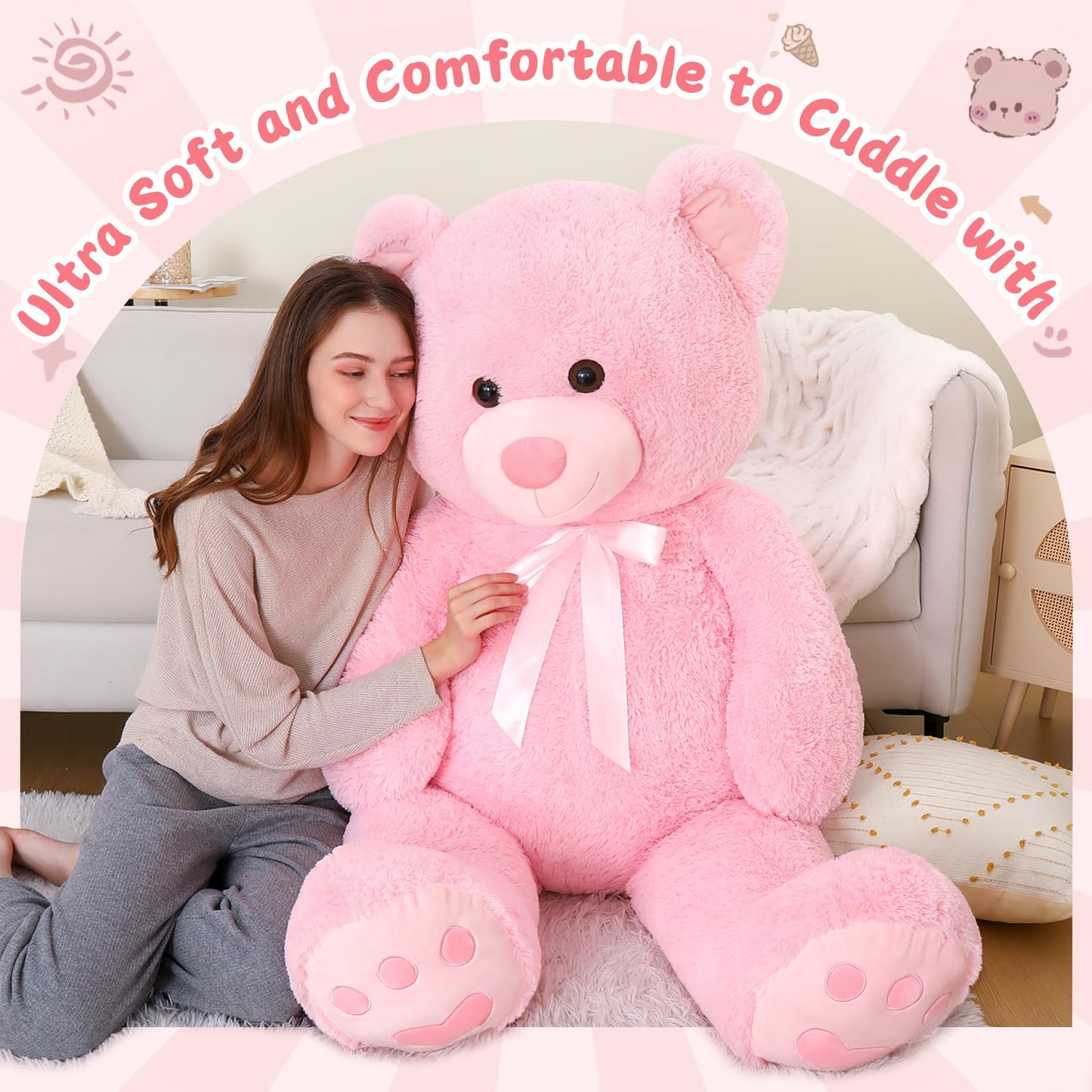 Morismos 5Ft Giant Teddy Bear Stuffed Animal, Large Stuffed Bear With Footprints, Big Pink Teddy Bear Plush Gifts For Wife, Girlfriend, Women On Valentine, Christmas, Birthday