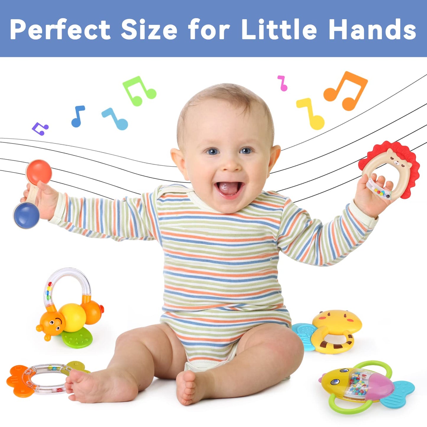 Moontoy Baby Rattles Teether Set Toys For 0 1 2 3 4 5 6 7 8 9 10 11 12 Month Old Baby Boy Girl, 9Pcs Baby Toys Sensory Toys Early Development Newborn Birthday Gifts Infant Toys 0-3-6-12 Month