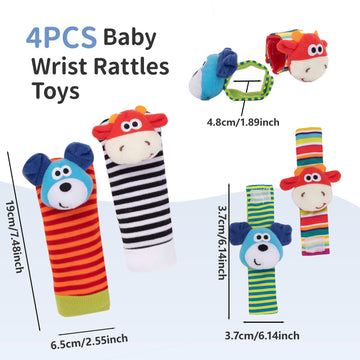 Padonise 4 Pack Baby Wrist Rattles Rattle Socks Set Baby Socks Animals Development Toys For Toddlers 1-3 Early Learning Toys For Babies Infant Sensory Toys Newbron Gift Set Birth Gifts For Baby