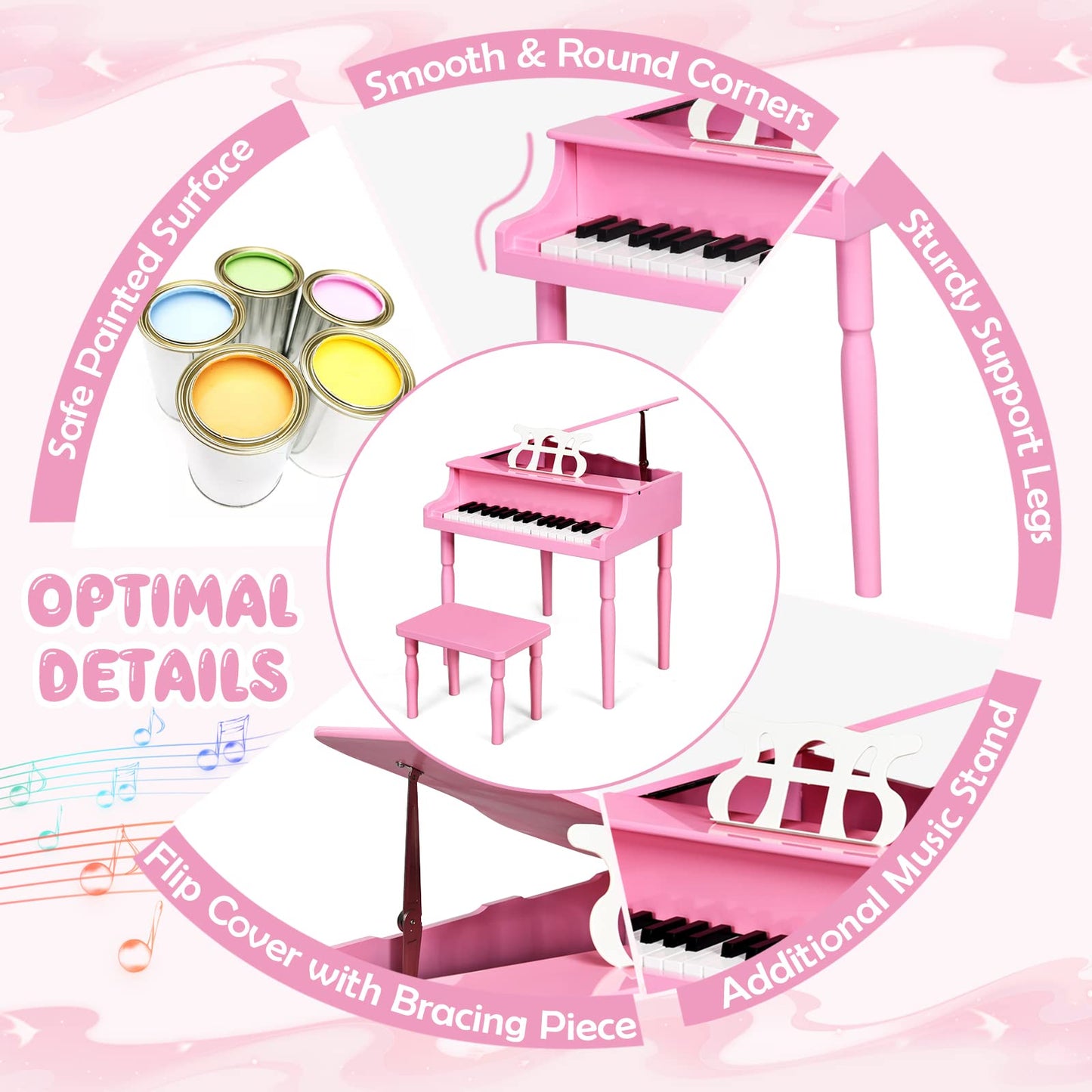 Goplus 30-Key Classical Kids Piano, Mini Grand Piano Wooden Learn-To-Play Musical Instrument Toy With Bench, Piano Lid, Music Rack, Gift For Boys Girls Aged 2+ Baby Tollder(4 Straight Leg-Pink)