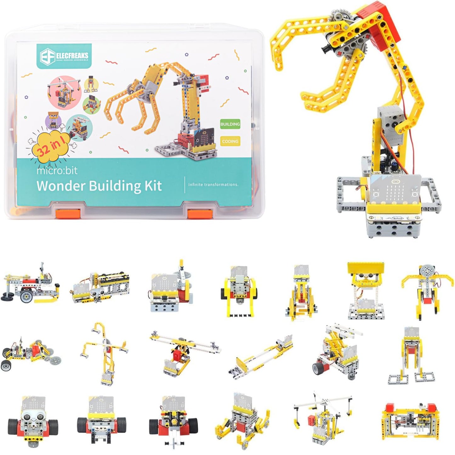 ELECFREAKS microbit 32 in 1 Wonder Sensor Kit, Makecode Programmable Learning Kit with Building Bricks/Sensors/Wukong Expansion