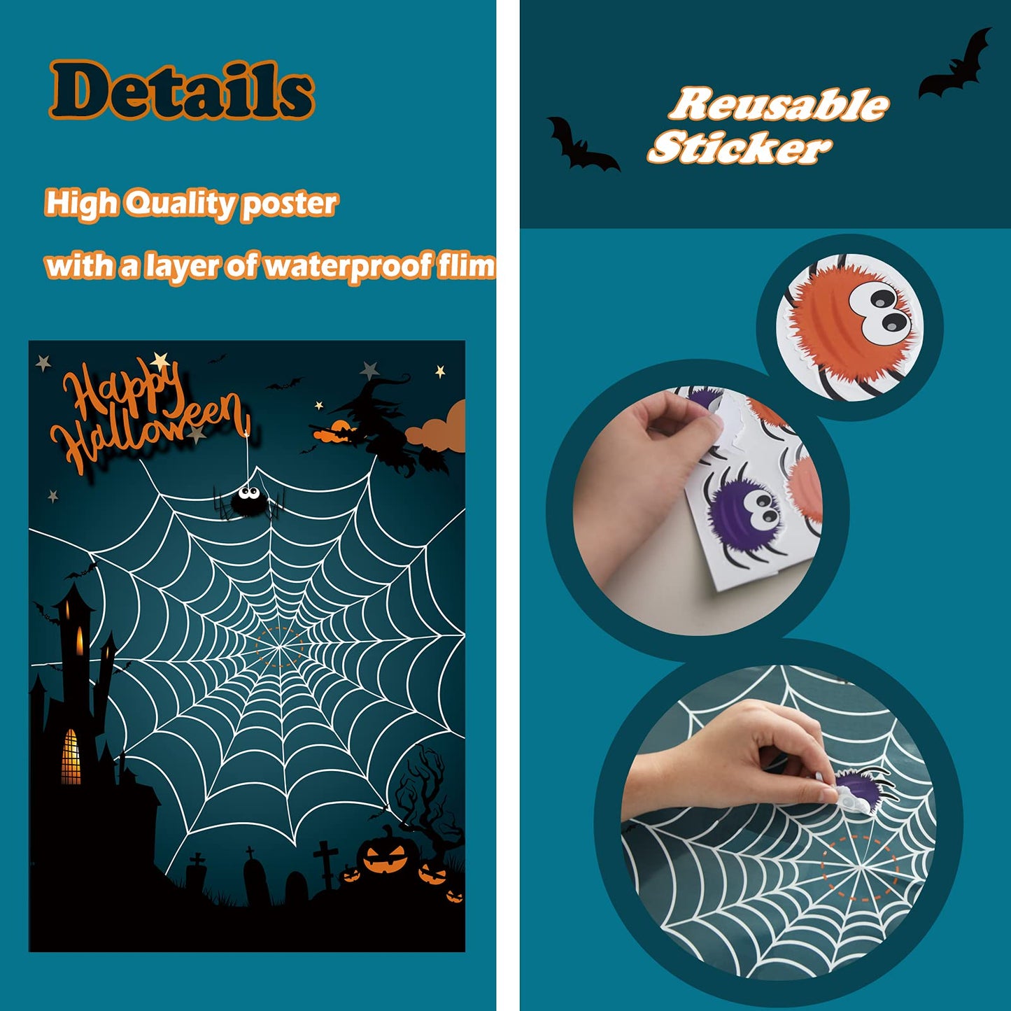 Boramdo Pin The Spider On The Web Halloween Party Game For Kids Web Poster With 24 Pieces Spider Stickers And A Blindfold For Ha