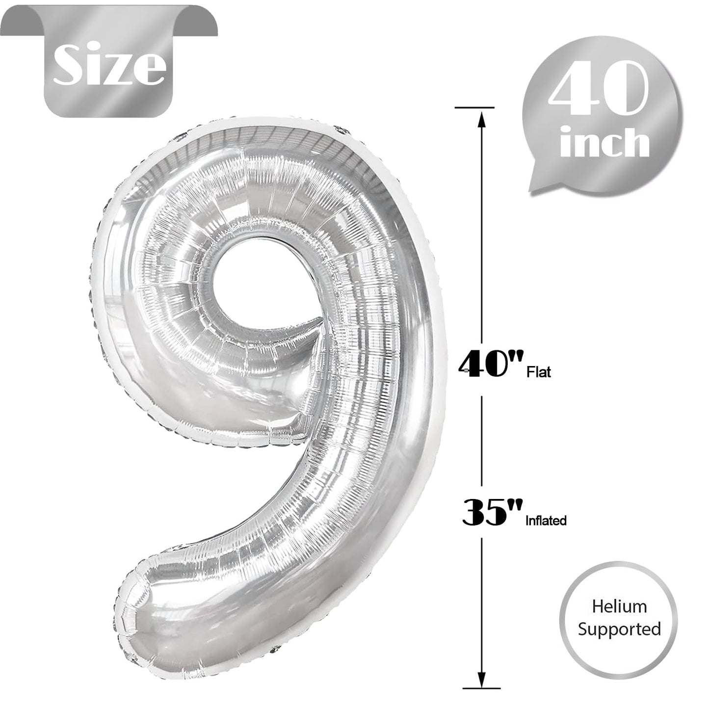 Silver Number 9 Balloon 40 Inch, 9 Balloon Number, 9Th Birthday Decorations, Silver Party Supplies For Boys Girls