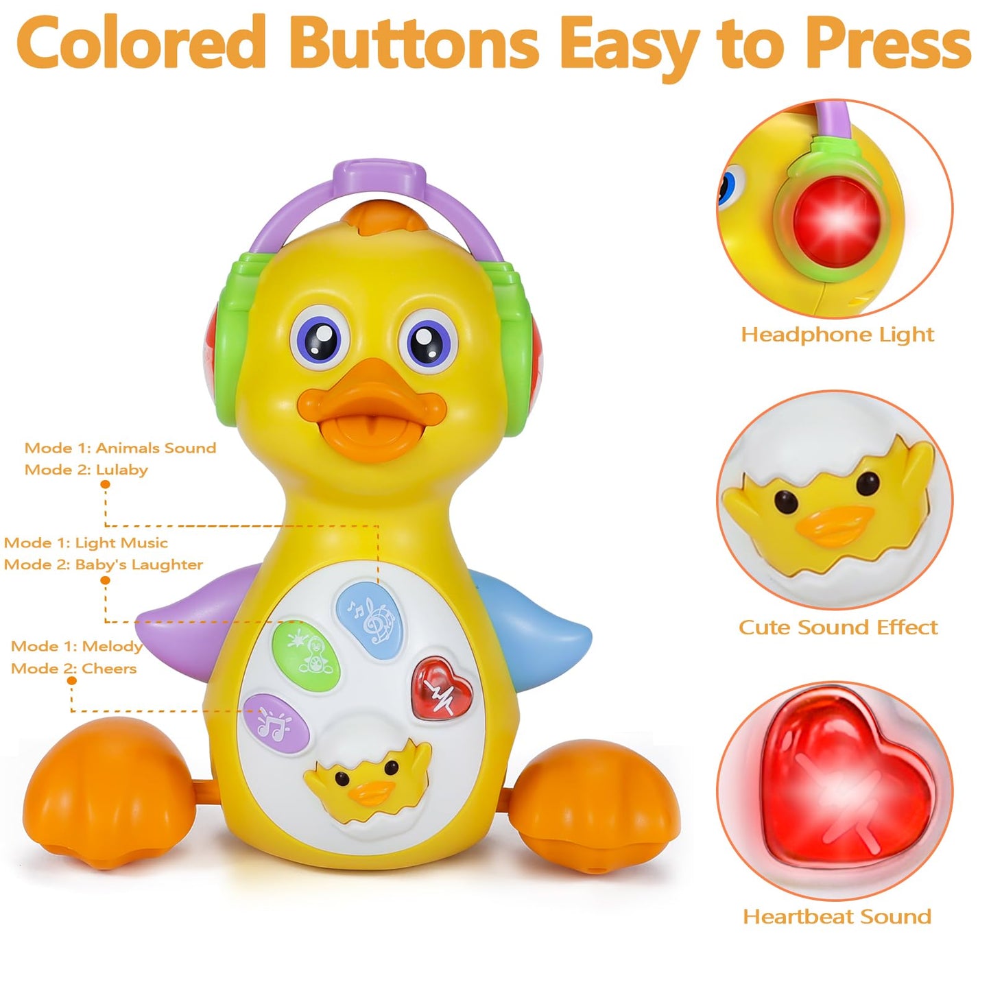 Haptime Duck Toys For Toddlers 1-3, Baby Toys 18+ Months, Musical And Light Up Duck Toys For Encouraging Crawling, Christmas Birthday Gift For 1-2 Year Old Boy Girl