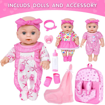 Dontno 12 Inch Baby Doll With Backpack Carrier And Accessories,Reborn Baby Doll Includes 3 Pcs Clothes And Bottles,Nipple,Burp C