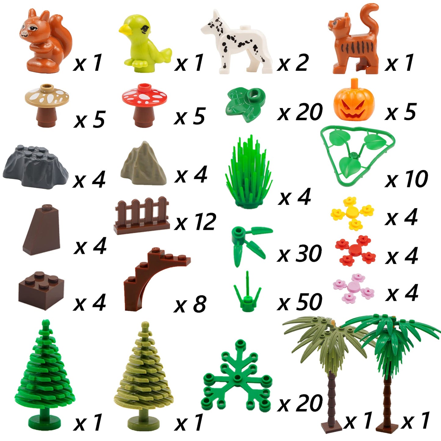 Brotex Plants Tree Accessories Jungle - Botanical Parts Bricks Flower Leaf Forest Flower Plants Pieces Building Blocks Set, Animals Farm Squirrel Birds Grass Garden House Toy (Without Baseplate)