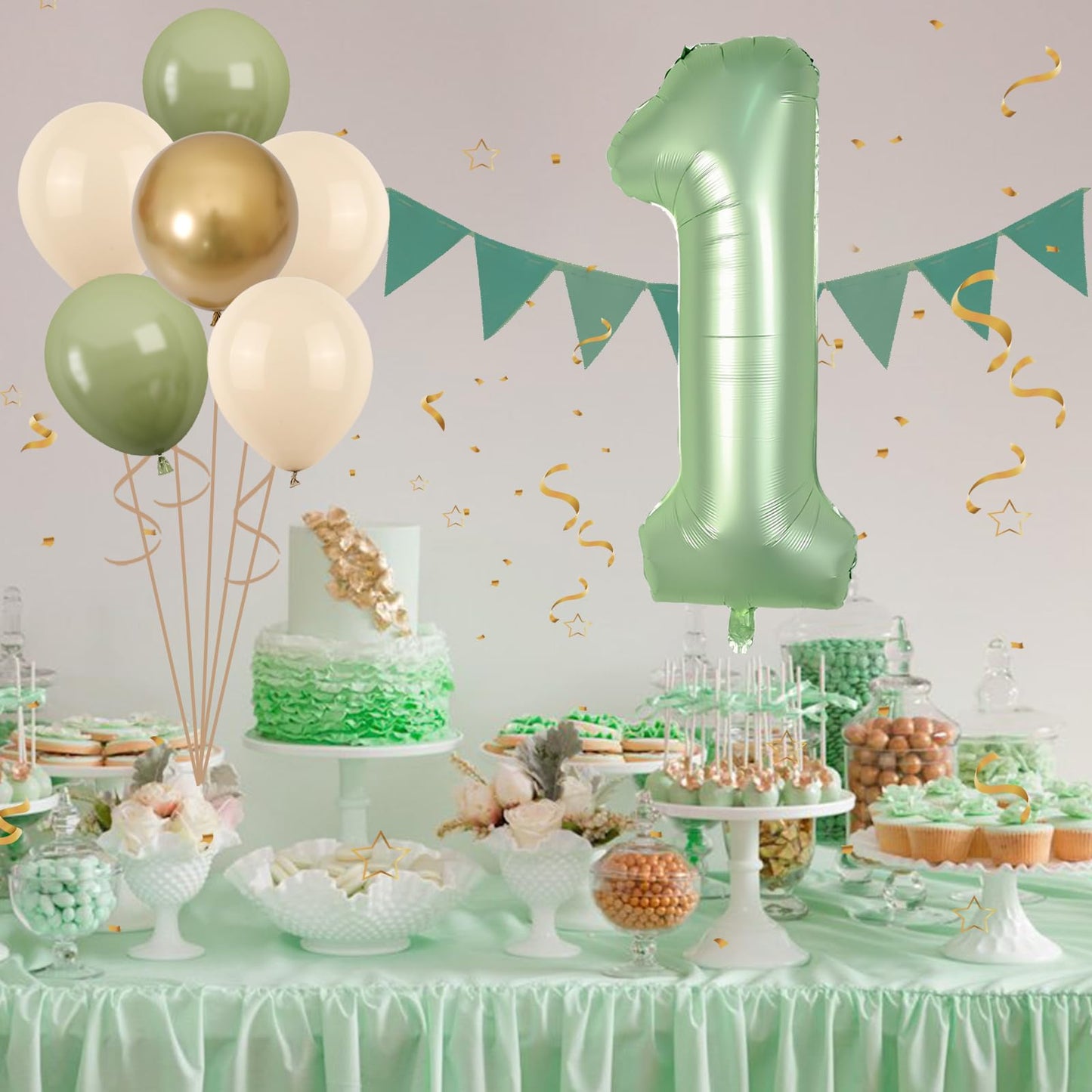40 Inch Sage Green Number 1 Balloon, Olive Green 1St Birthday Balloons, Retro Sand White Avocado Green Gold Latex Balloons 1 Foi