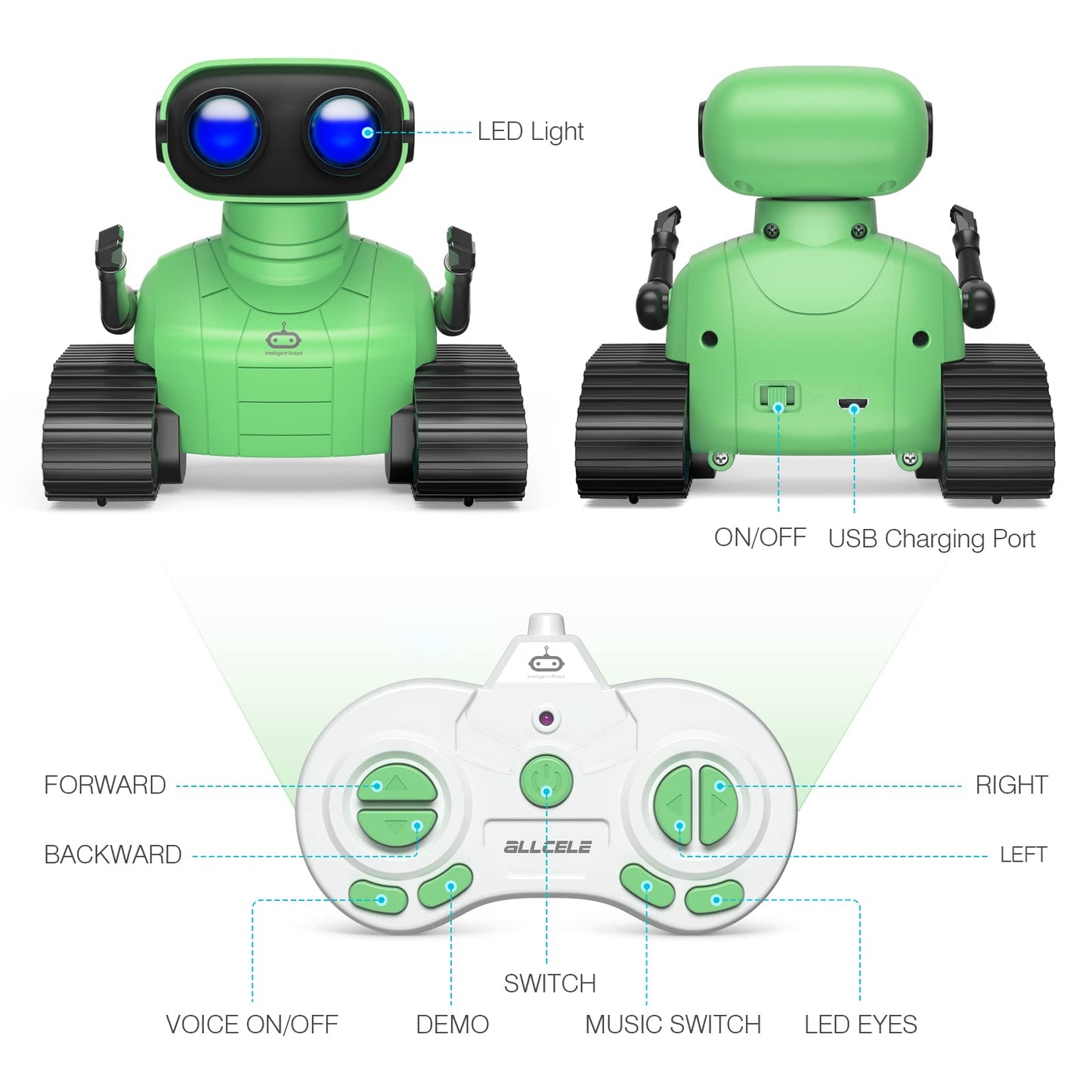 ALLCELE Robot Toys, Rechargeable RC Robot for Boys and Girls, Remote Control Toy with Music and LED Eyes, Gift for Children Age