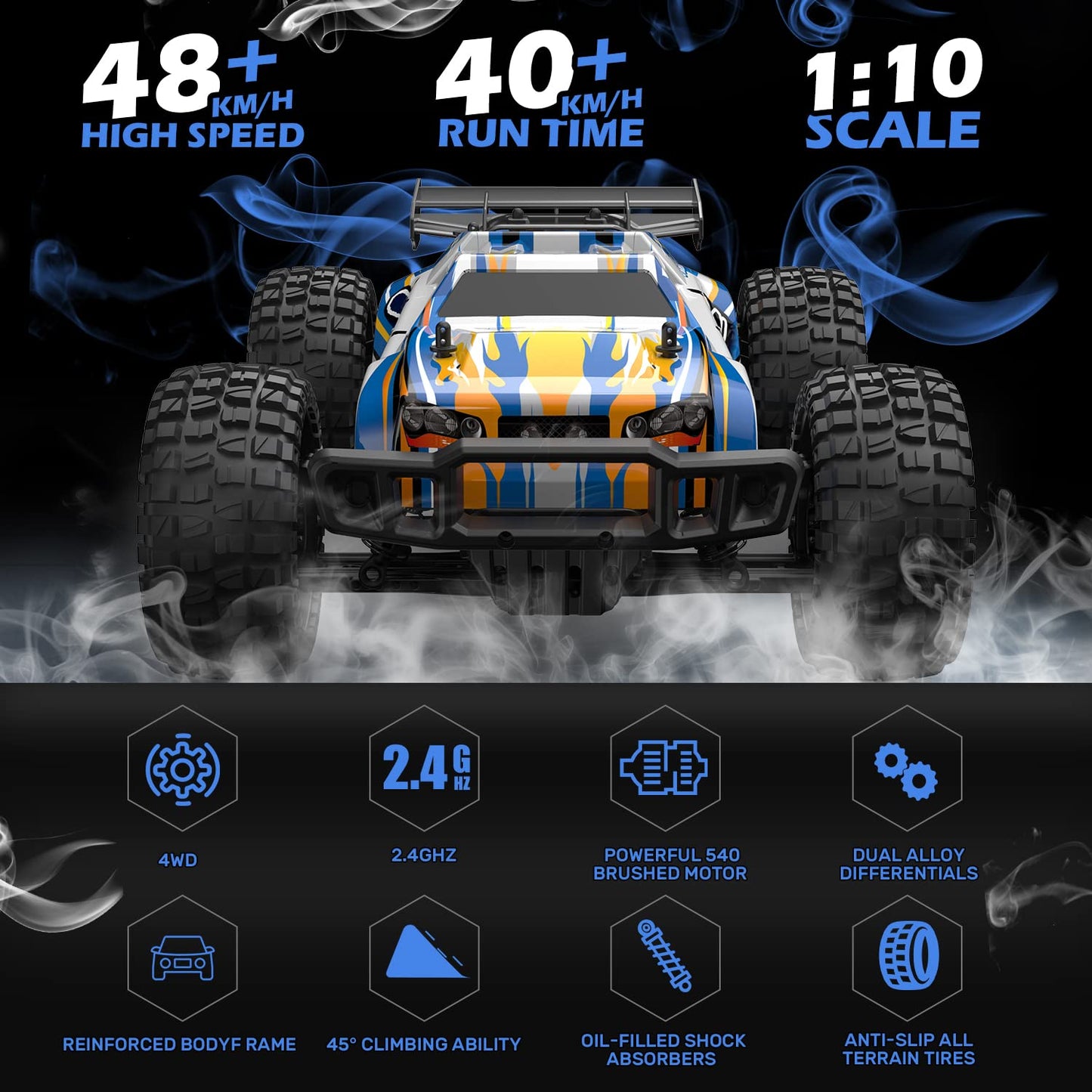 Holyton 1:10 Large High Speed Remote Control Car with LED Shell Lights, 48+ KM/H, 4WD Offroad Monster Truck for Adults & Kids, H
