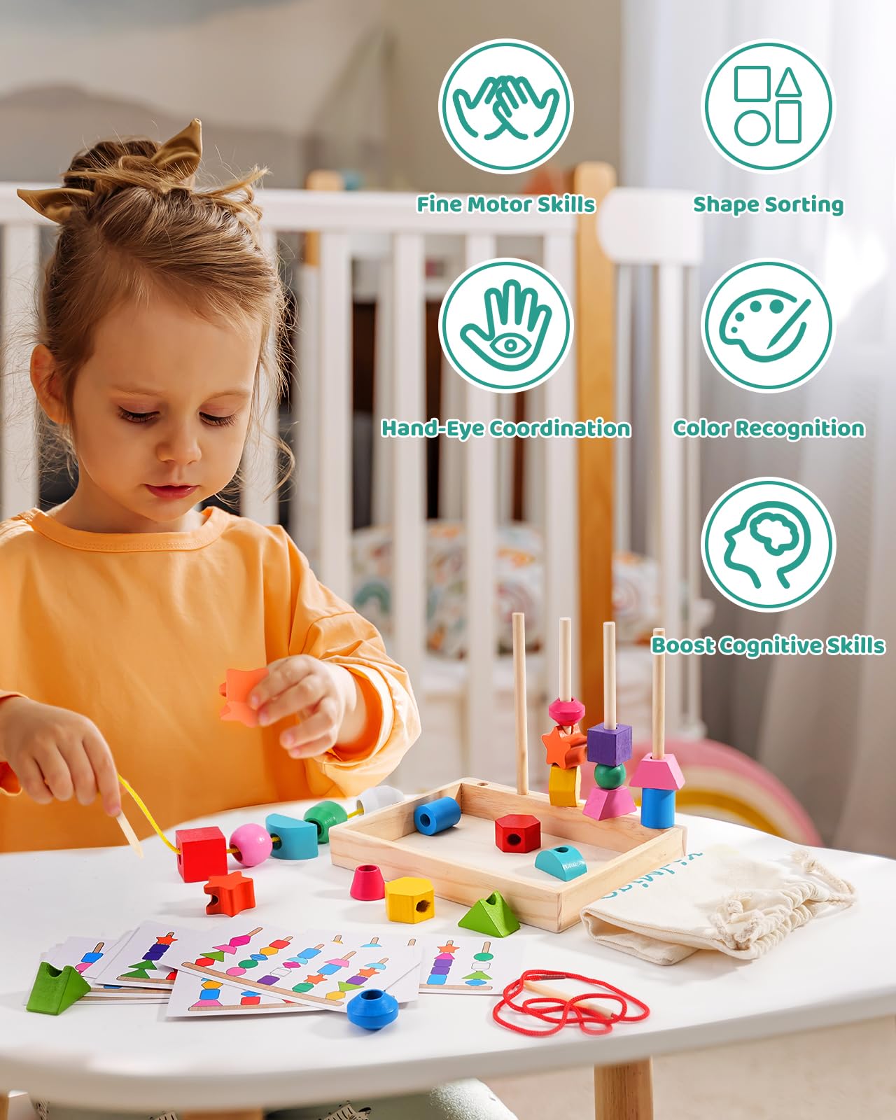 KidMigo Montessori Toys for 3 Year Old Stacking Toys for Toddlers Stacking Blocks Lacing Beads Matching Shape Preschool Toys Montessori Toys for 3 4 5 Year Olds with Canvas Storage Bag