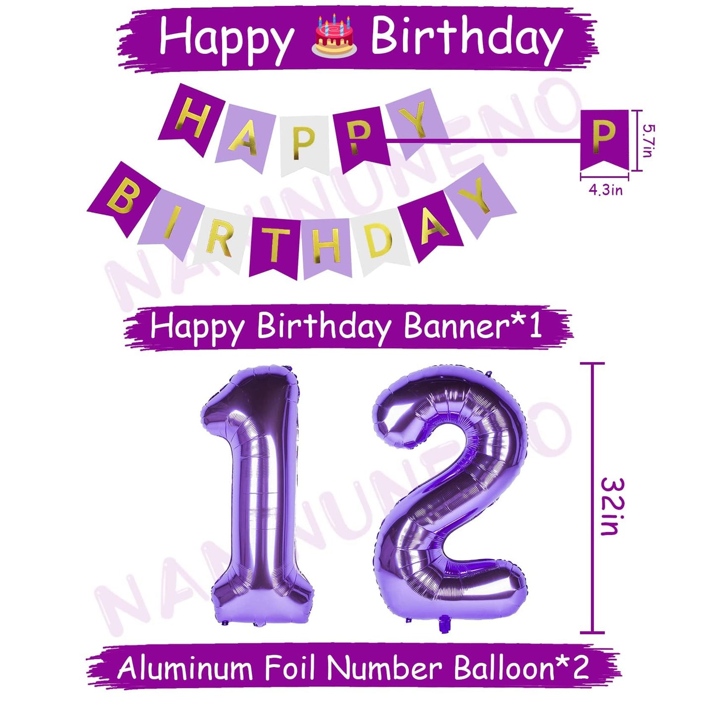 Naninuneno 12Th Birthday Decorations For Girls, Purple 12 Happy Birthday Balloons Supplies Including Purple Happy Birthday Banne