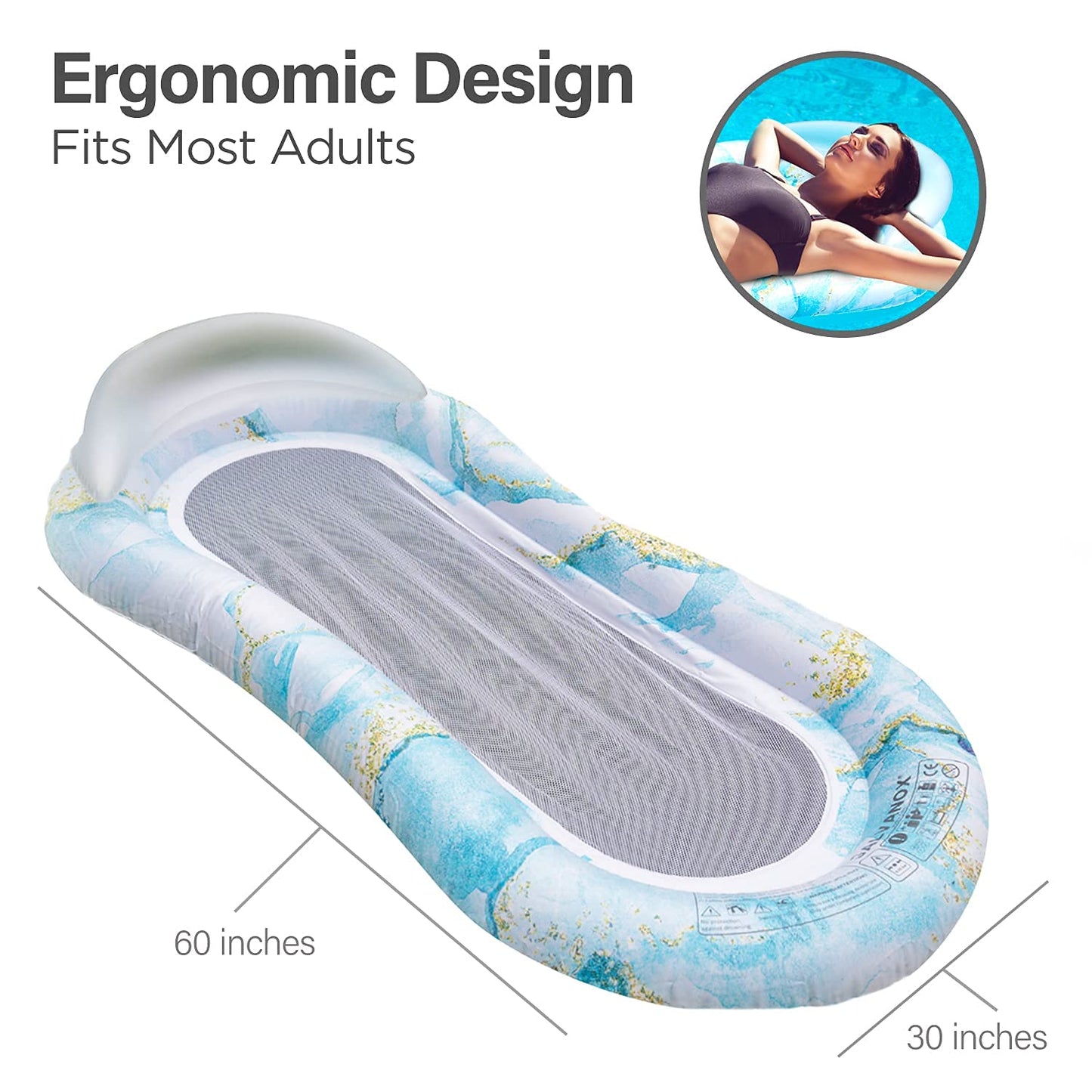 Pool Float Lounger For Adults, Mesh Bottom Inflatable Lounge Bed Recliner - Swimming Floaties For Lounging/Tanning, Blue Marble (By Galvanox Intl.)