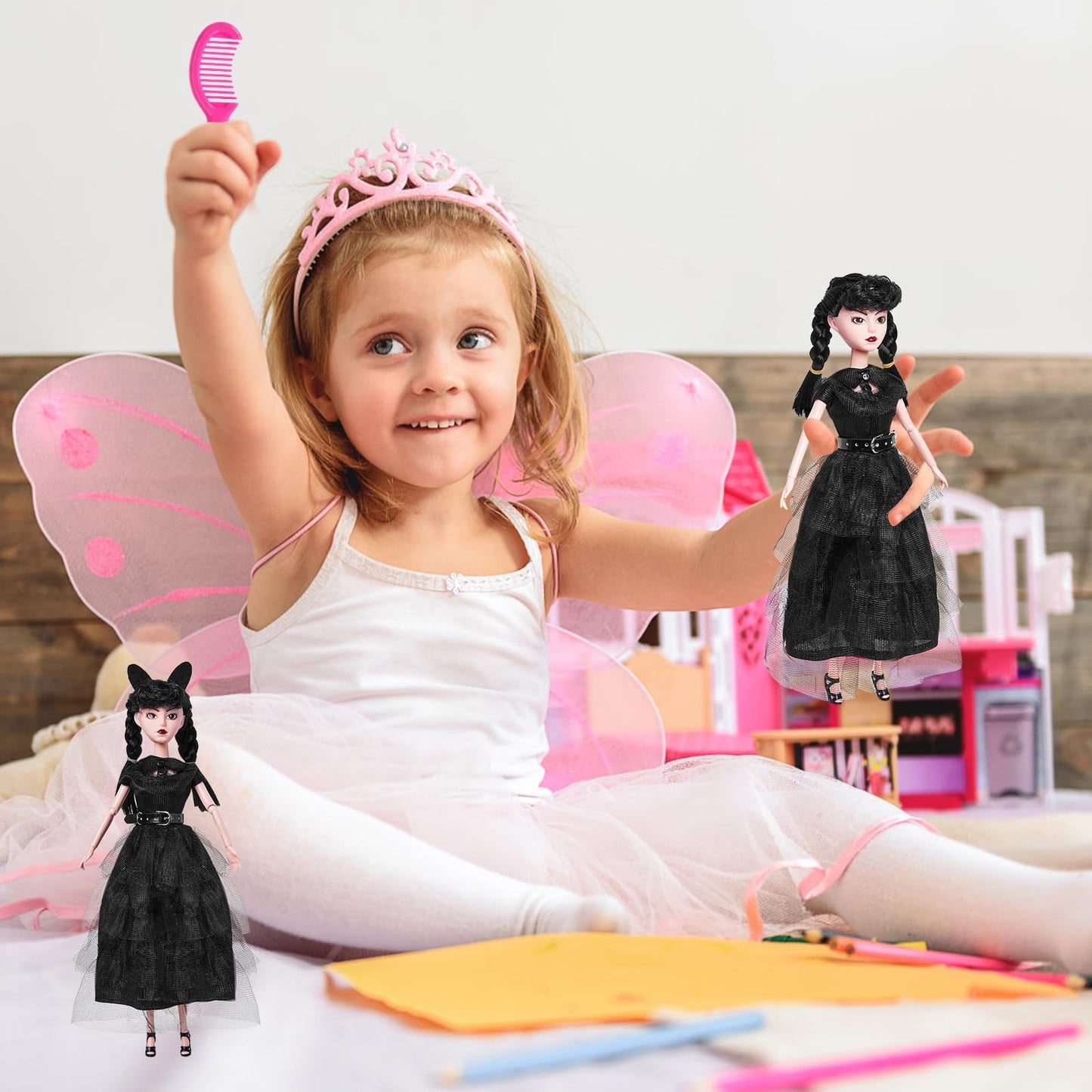 Dbywiub 11.5 Inch Girls Black Dolls, Soft Body & Black Hair, Black High Heels, Black Dress & Accessories
