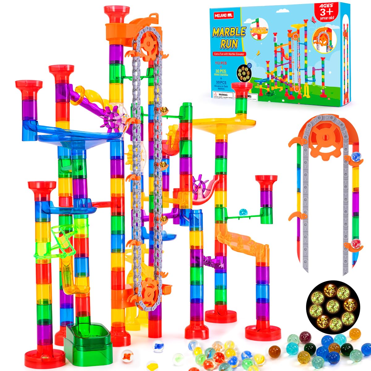 247Pcs Marble Run With Motorized Elevator, Construction Building Blocks Toys With 30 Glass Marbles And 30 Glow In The Dark Marbl