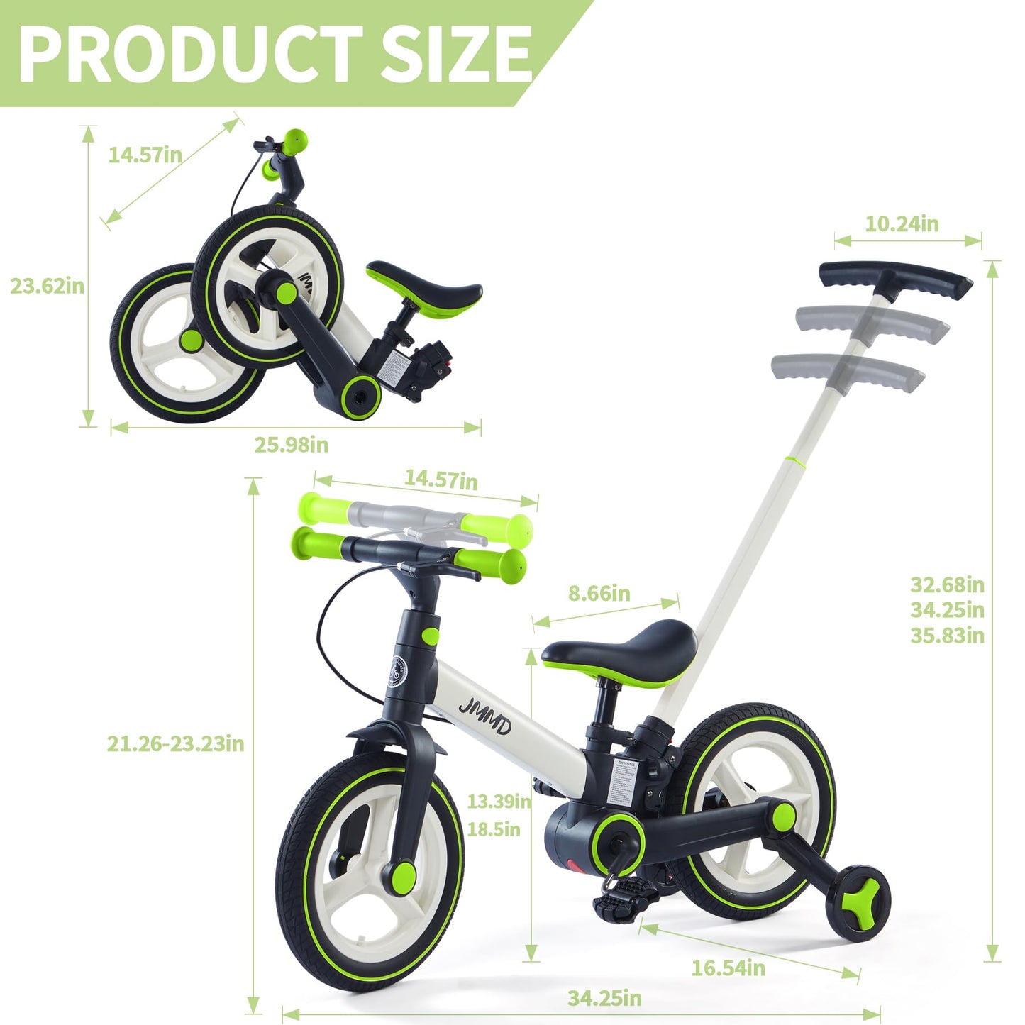 JMMD Toddler Bike with Push Handle, 6-in-1 Foldable, Training Wheels, Brakes, Green, for Kids 18-60 Months, Perfect Gift for Boys & Girls