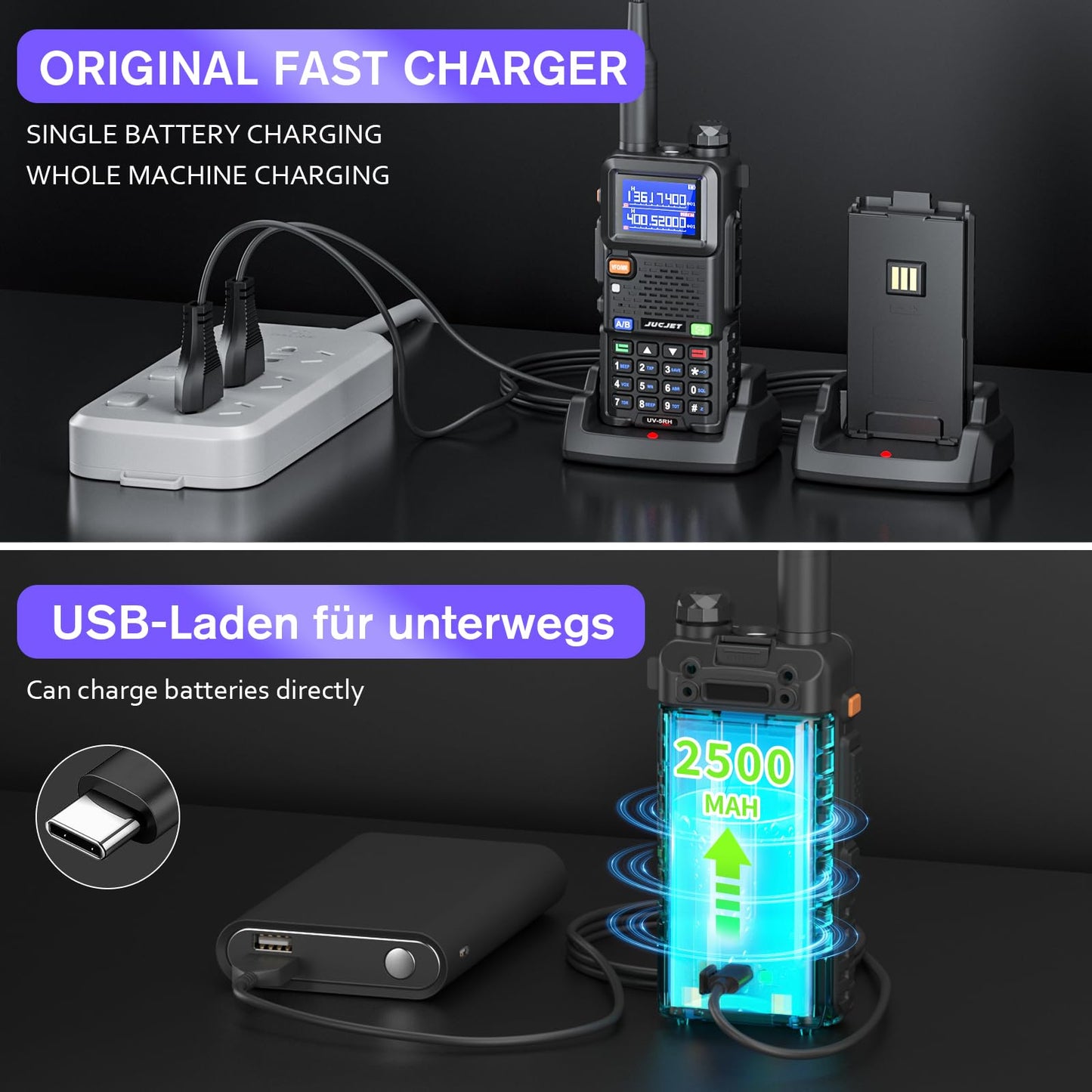 Jucjet 5Rh Ham Long Range Radio 10W Radio (Upgraded Of Uv-5R), 999Ch One Key Frequency Match, 2500Mah Battery Rechargeable Walki