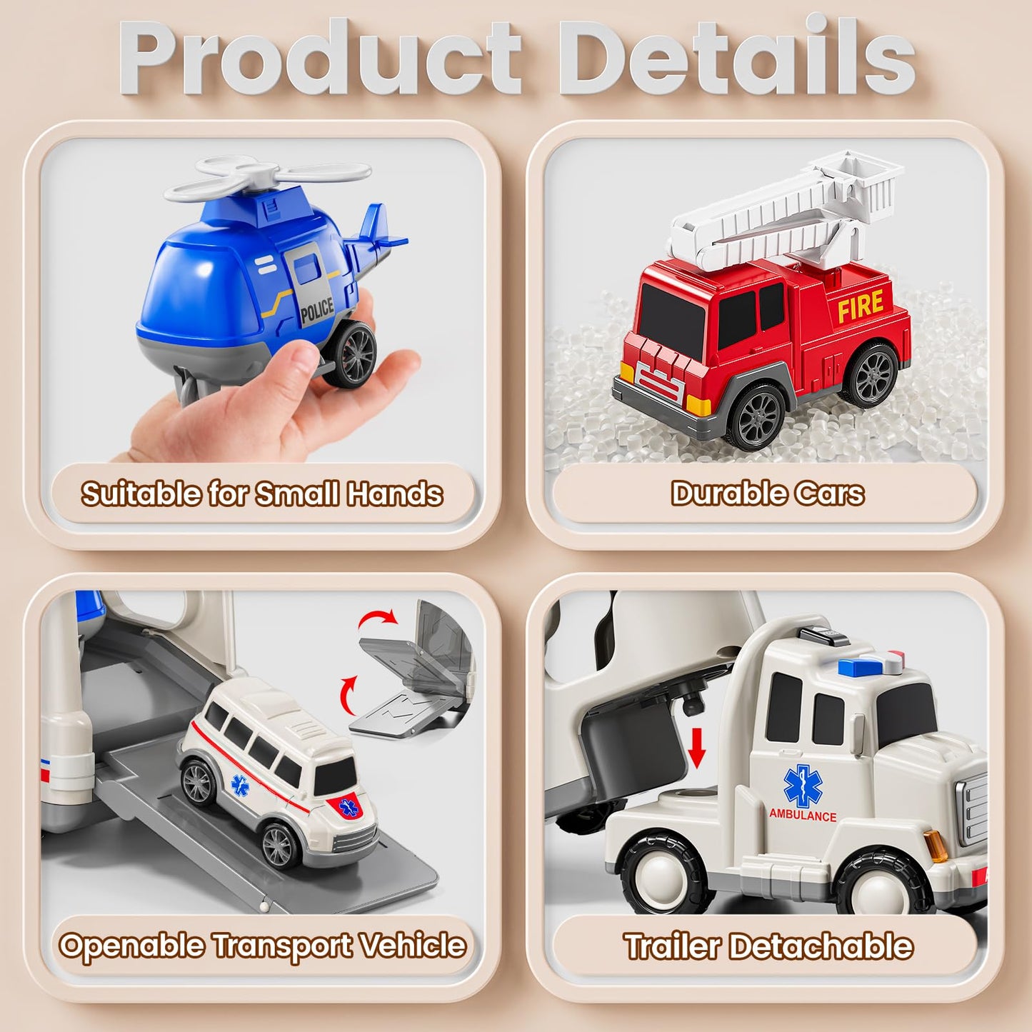 Jukudahu 5-In 1 Play Ambulance Toy Vehicle Toddler Truck Toys For 3 4 5 6 7 Year Old Boys - Friction Powered Cars With Light And