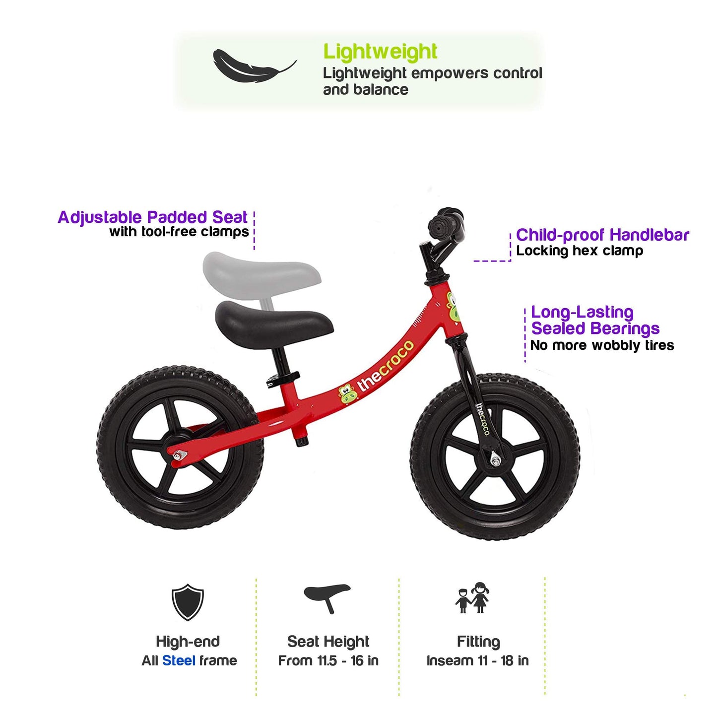 The Original Croco Ultra Lightweight And Sturdy Balance Bike.3 Models For 2, 3, 4, And 5-Year-Old Kids. Unbeatable Features. Toddler Training Bike, No Pedal (Bright Red2, Sturdy 12 Inch)