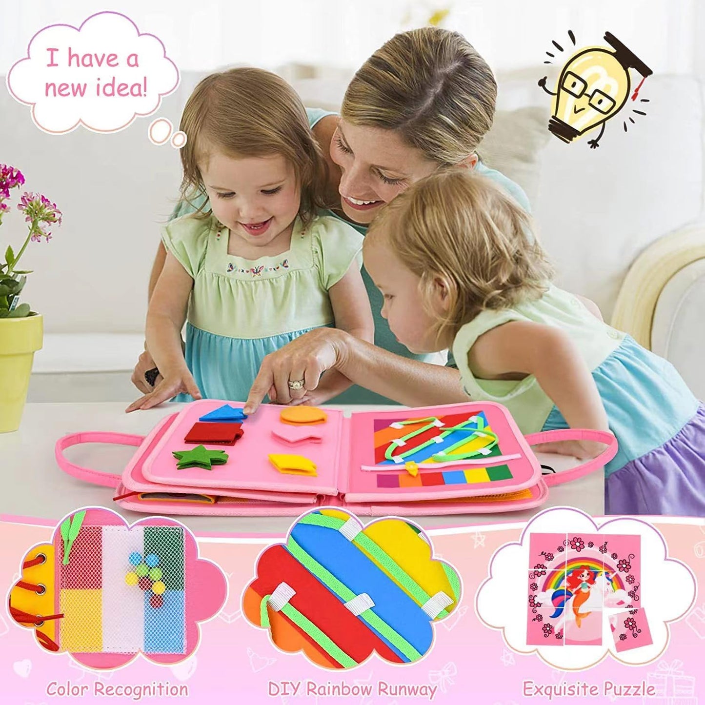 Busy Board for 1 Year Old Sensory Toys for Toddlers 1-3 Montessori Learning Busy Book for Boys Girls Preschool Toys Gift (Pink)