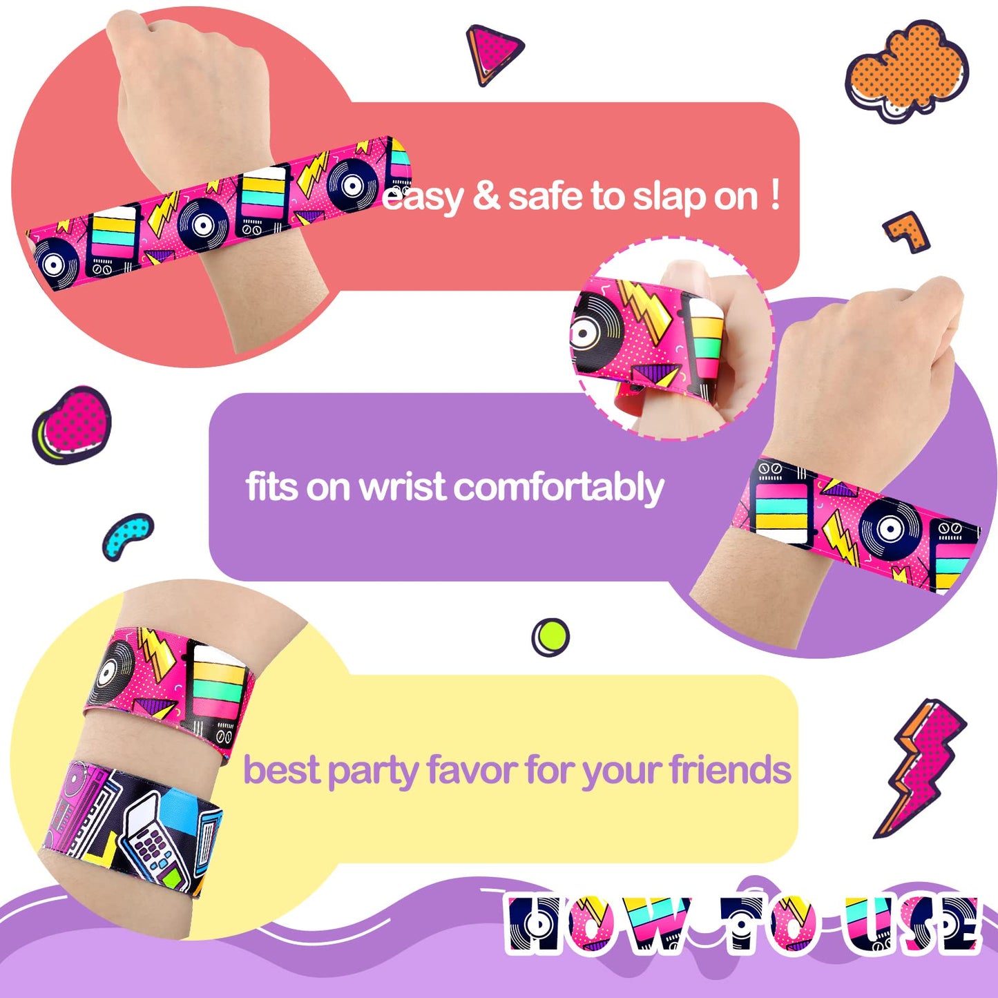 Sinmoe 86 Pcs 80s 90s Party Favors Slap Bracelets Bulk Back to 80s 90s Throwback Theme Party Favors Snap Bracelets Bracelets wit