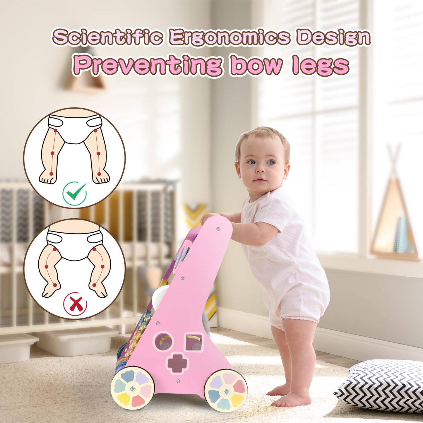 Lol-Fun Wooden Baby Walker For Girls With Wheels, Baby Push Walker For Baby Girl 12 Months, Pink Baby Walker Push Toy For 1 Year
