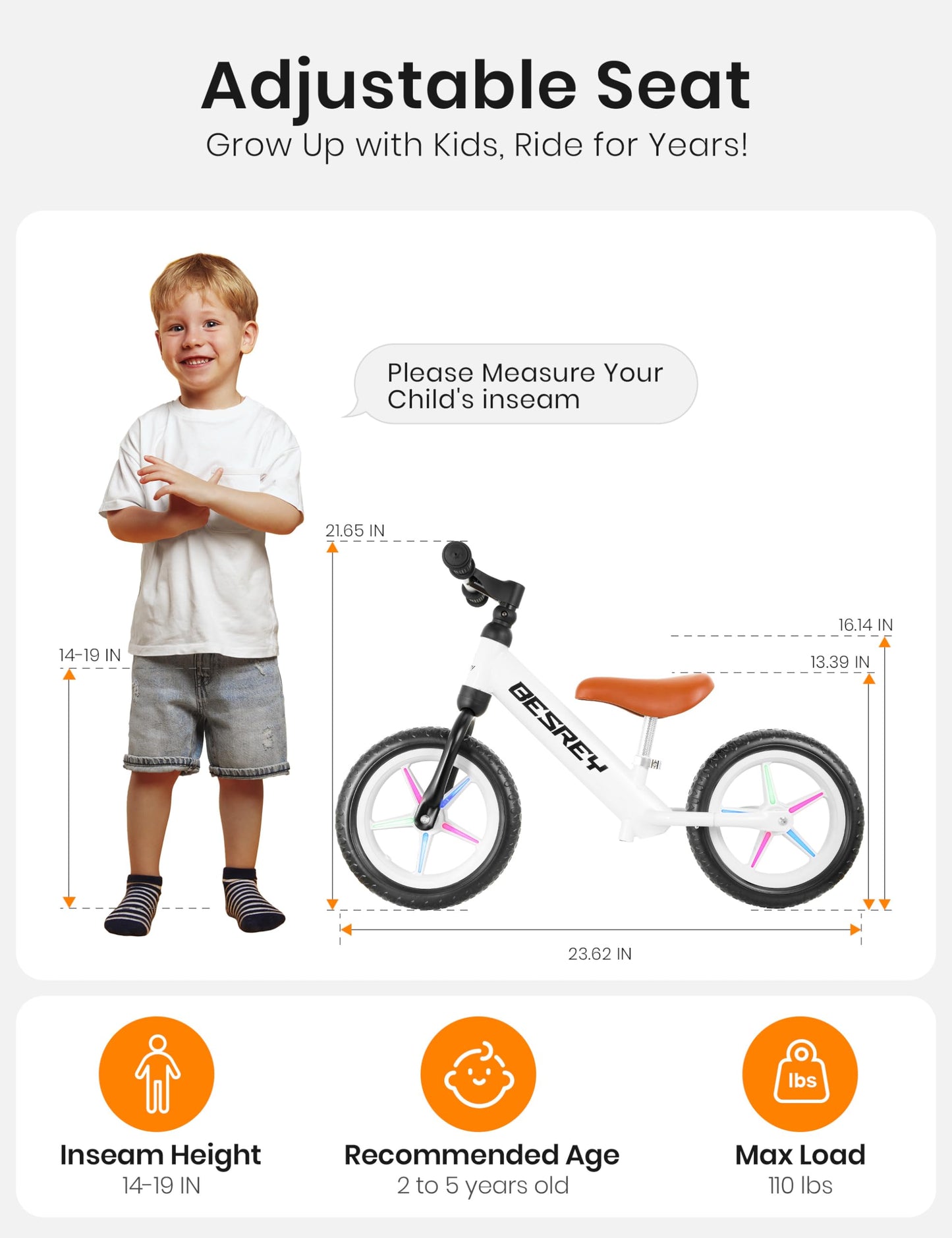 Besrey Colorful Lighting Balance Bike 2 Year Old, Toddler Balance Bike With Strong Iron Frame, Eva Flat-Free Tires And Adjustable Seat For 2-5 Year Old Boys And Girls Birthday Gift Toys