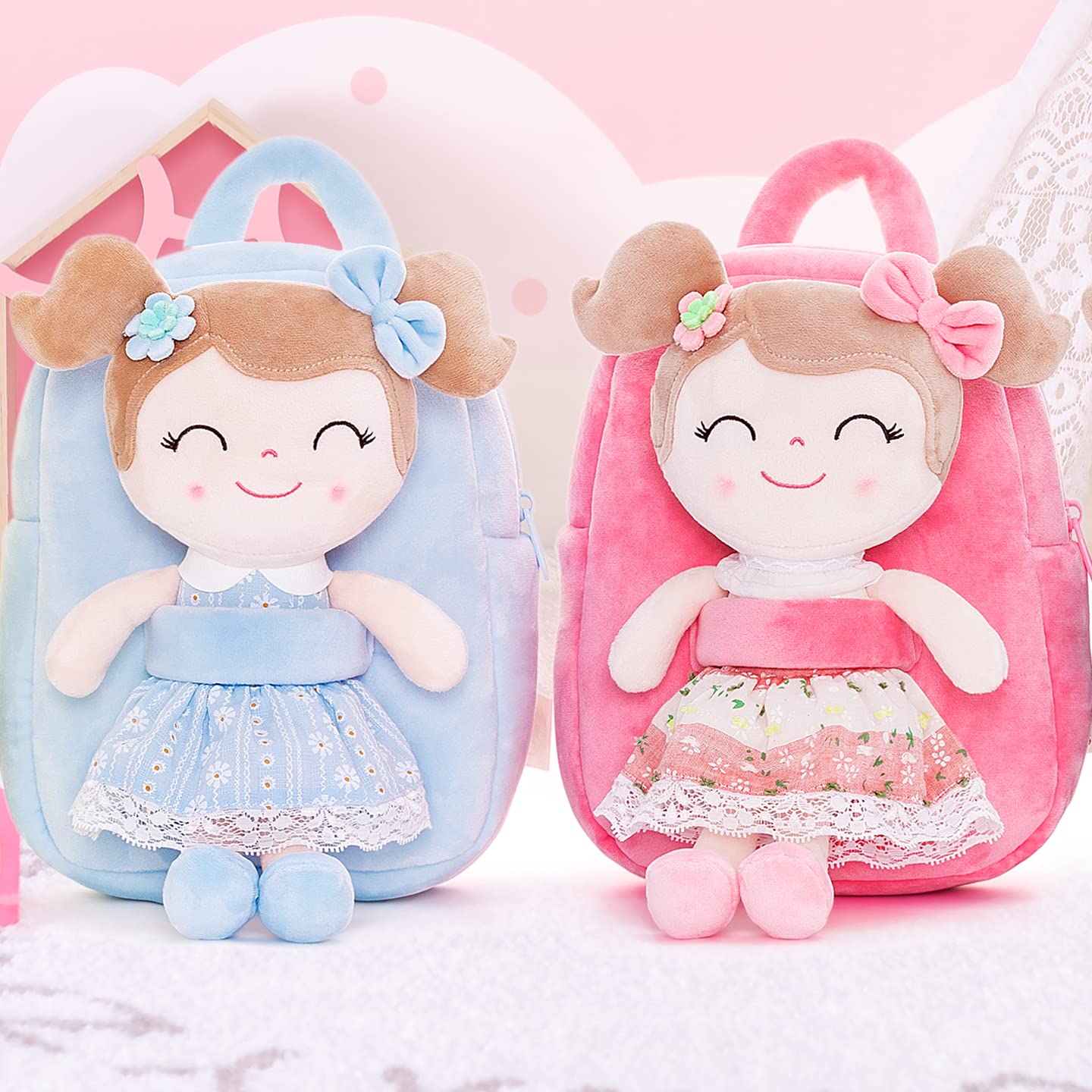 Gloveleya Kids Backpack Toddler Girls Backpacks With Soft Plush Doll Toys Blue 9''