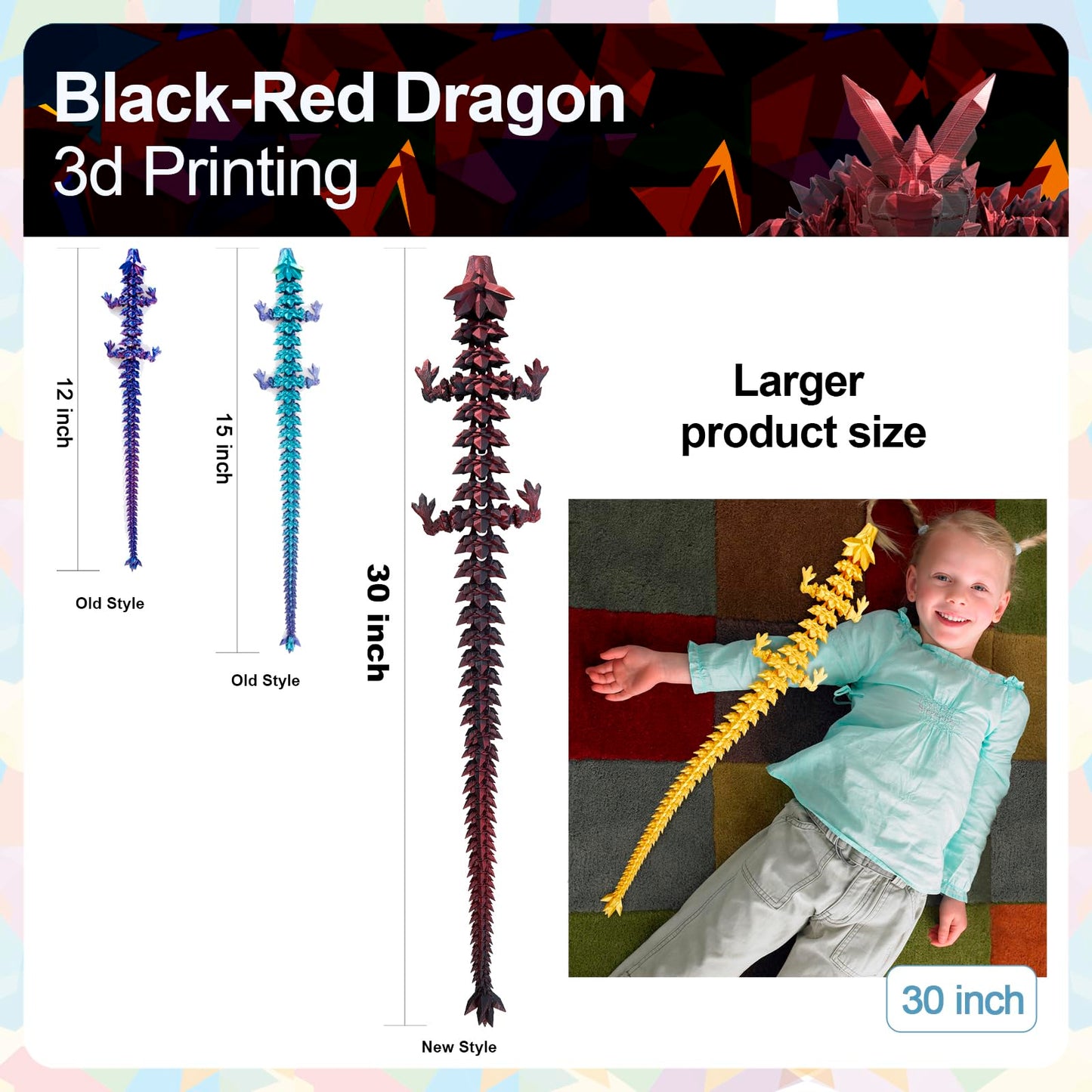 Rwsefk 30 In 3D Printed Dragon, 30Inch Dragon,3D Dragon Toy,Large Dragon Present,Ariculated Crystal Dragon(Red Black