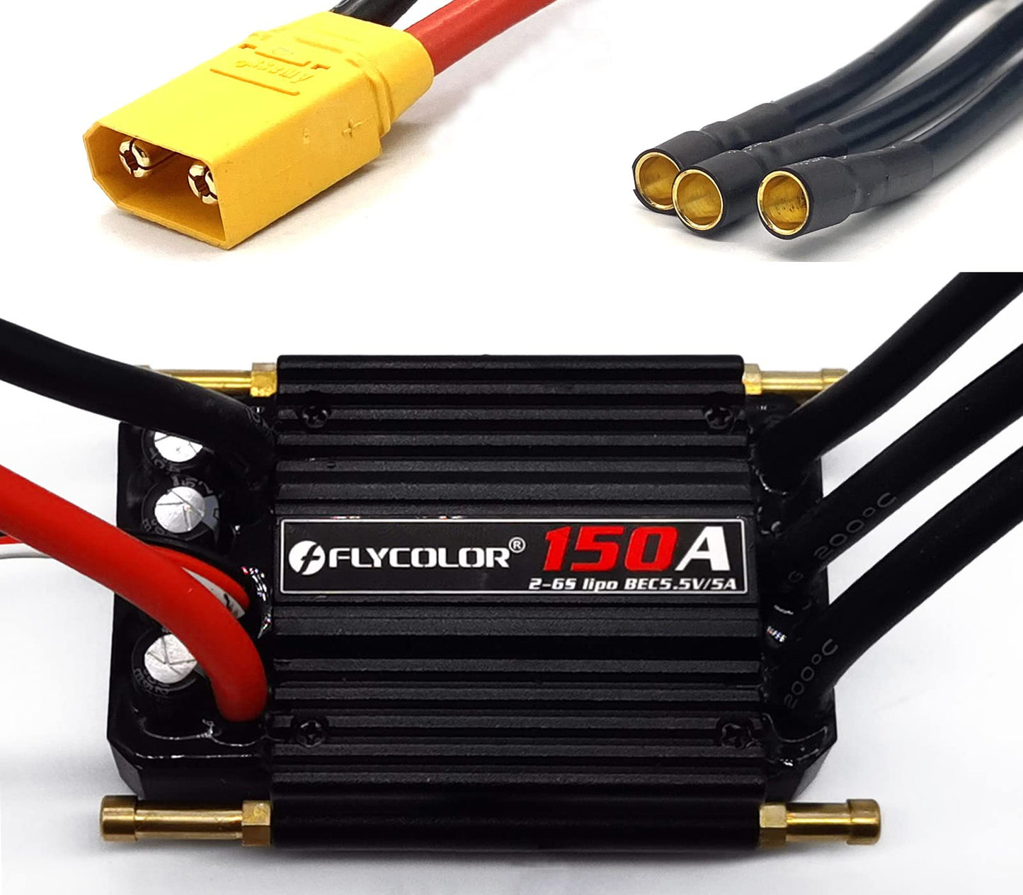 FLYCOLOR 150A ESC 2-6S Waterproof Brushless Electronic Speed Controller with 5.5V/5A BEC and XT90 6.0mm Banana Head Connector fo