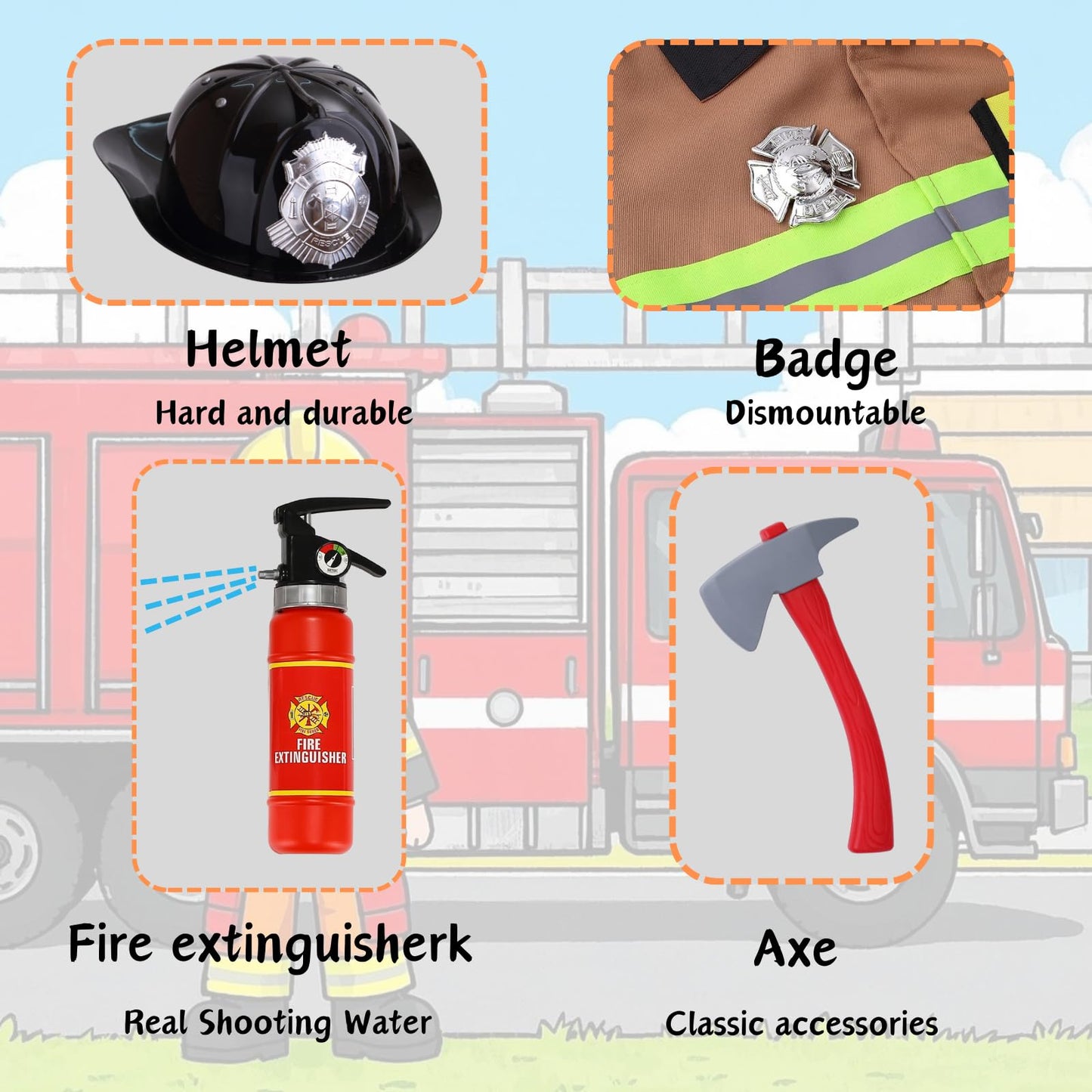 Yolsun Tan Fireman Costume For Kids, Boys' And Girls' Firefighter Dress Up (7 Pcs) 2-3 Years