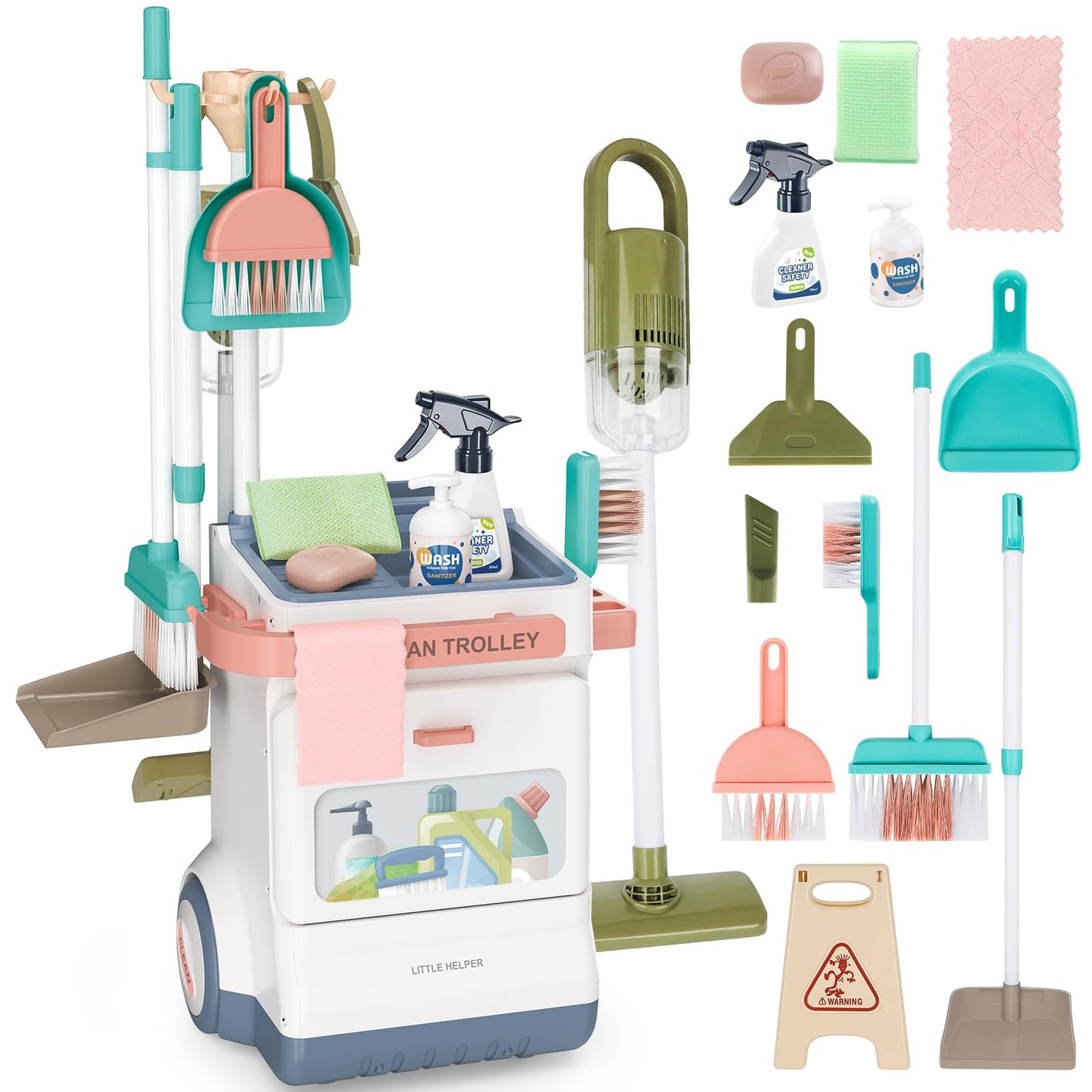 Deao Kids Cleaning Set, 20 Pcs Pretend Play Housekeeping Supplies Kit ,Includes Real Working Vacuum Cleaner, Kid Broom, Spray Bo