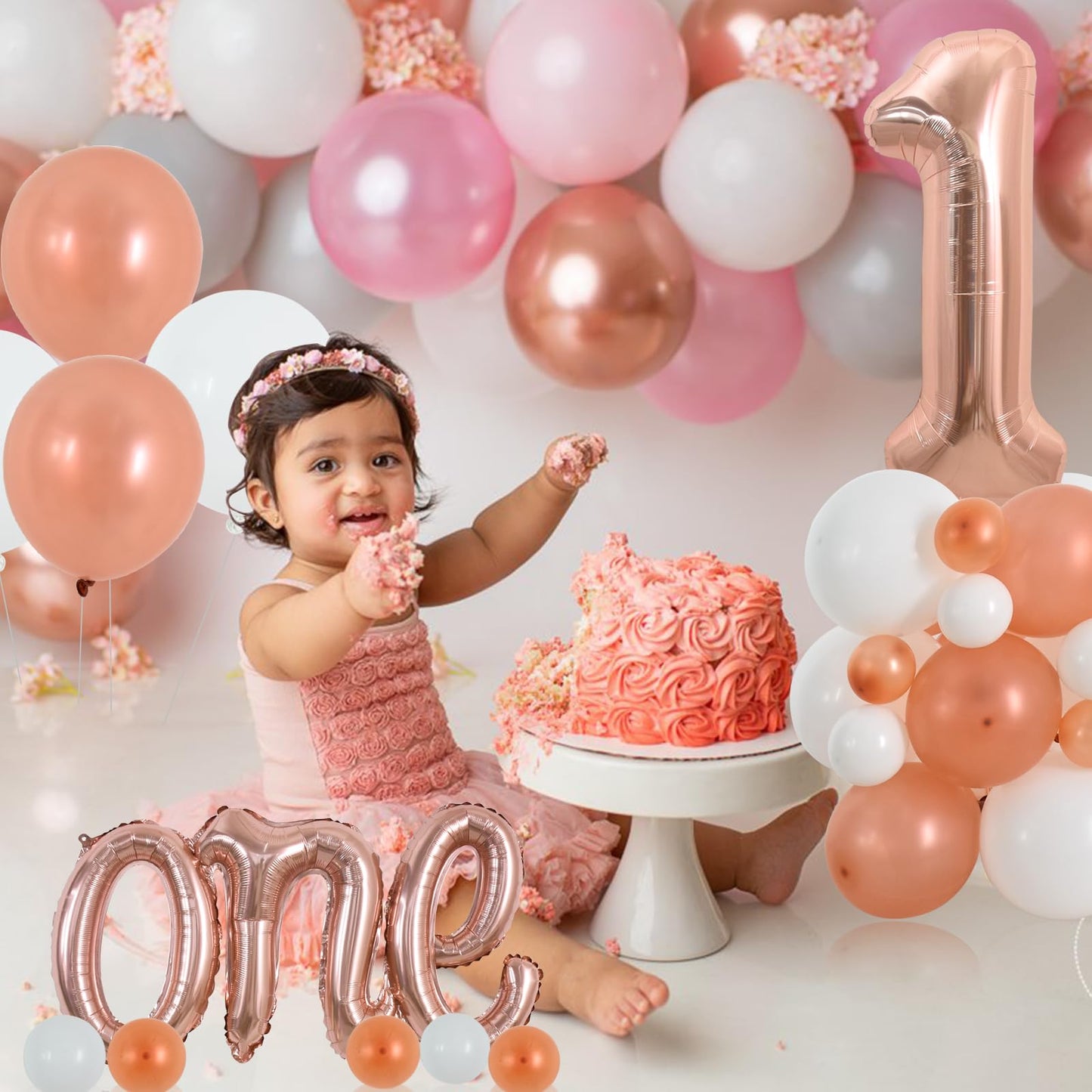 Toniful 27 Pcs 1St Birthday Balloons Set,40 Inch Rose Gold Number 1 Balloon Rose Gold One Letter Foil Balloon White Metallic Ros
