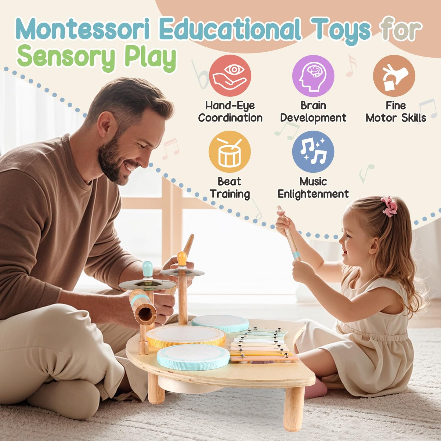Kids Drum Set, Montessori Musical Instruments For Toddlers 1-3, Wooden Musical Toys For Baby 12-18 Months, Preschool Educational