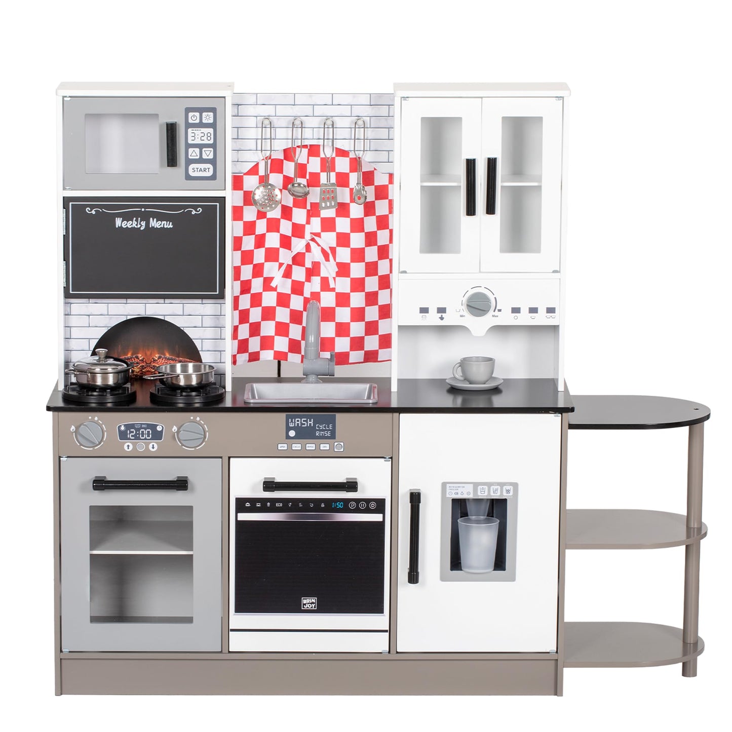 Brinjoy Kids Kitchen Playset, Wooden Toddler Kitchen Set W/Curtains, Coffee Maker, Storage Shelf, Stove,Sink, Utensils, Light &
