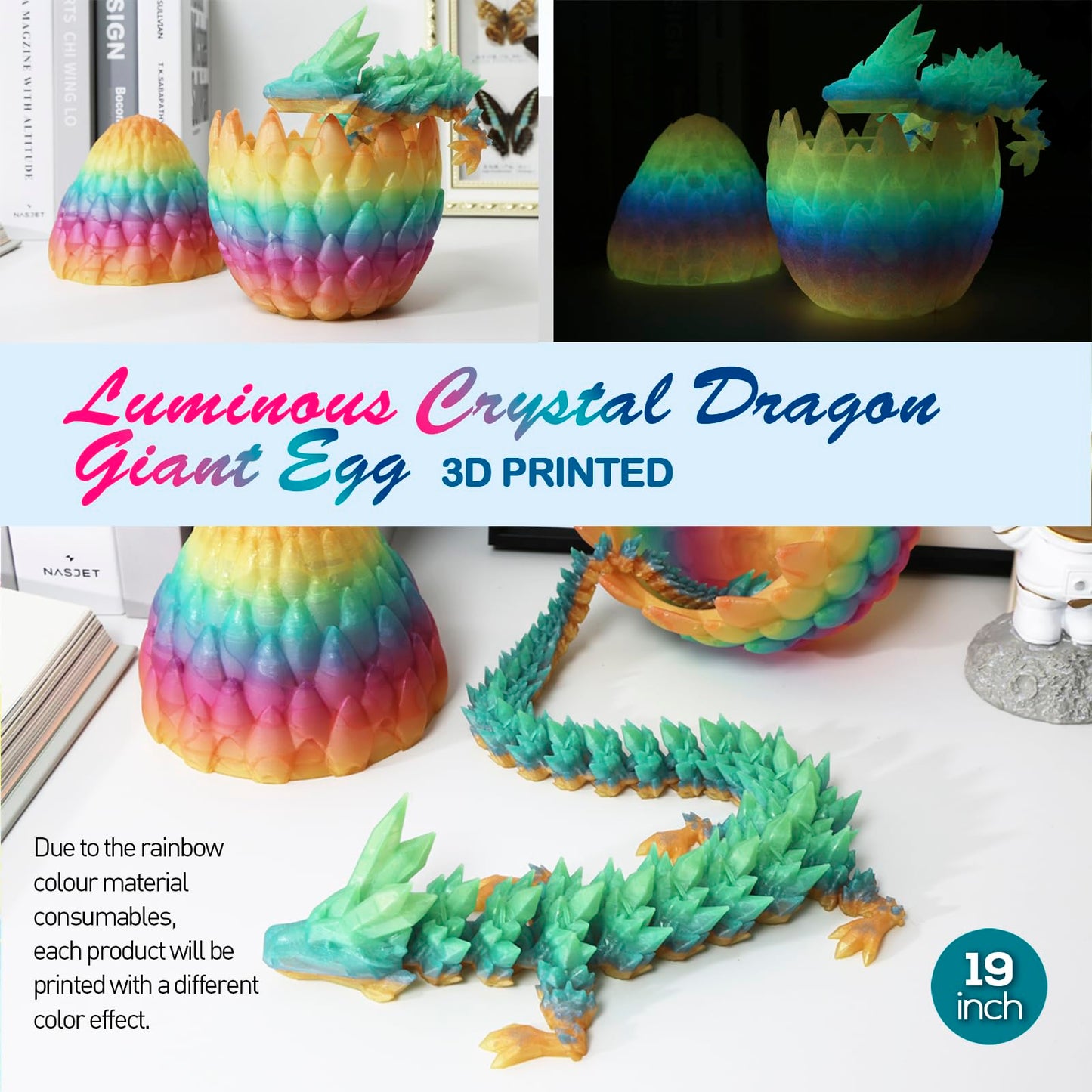 3D Printed Dragon Egg With Dragoln Inside,Surprise Dragon Egg Toy,19'' Full Articulated Crystal 3D Dragonls(Giant Luminous Rainb