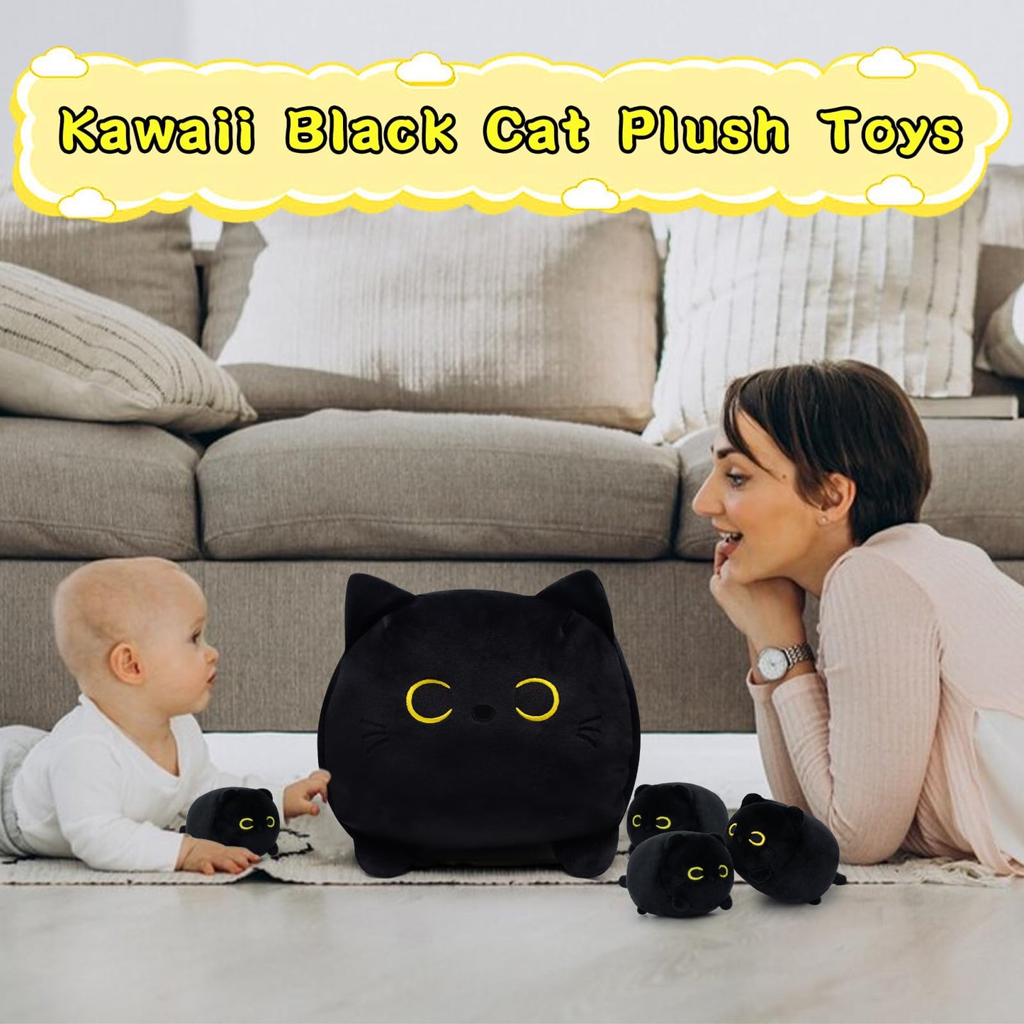 Lsydcarm Black Cat Plush, Black Cat Stuffed Animals Cat Plushie Toy, Mommy Cat With 4 Baby Kittens Kawaii Birthday Gifts For Kid