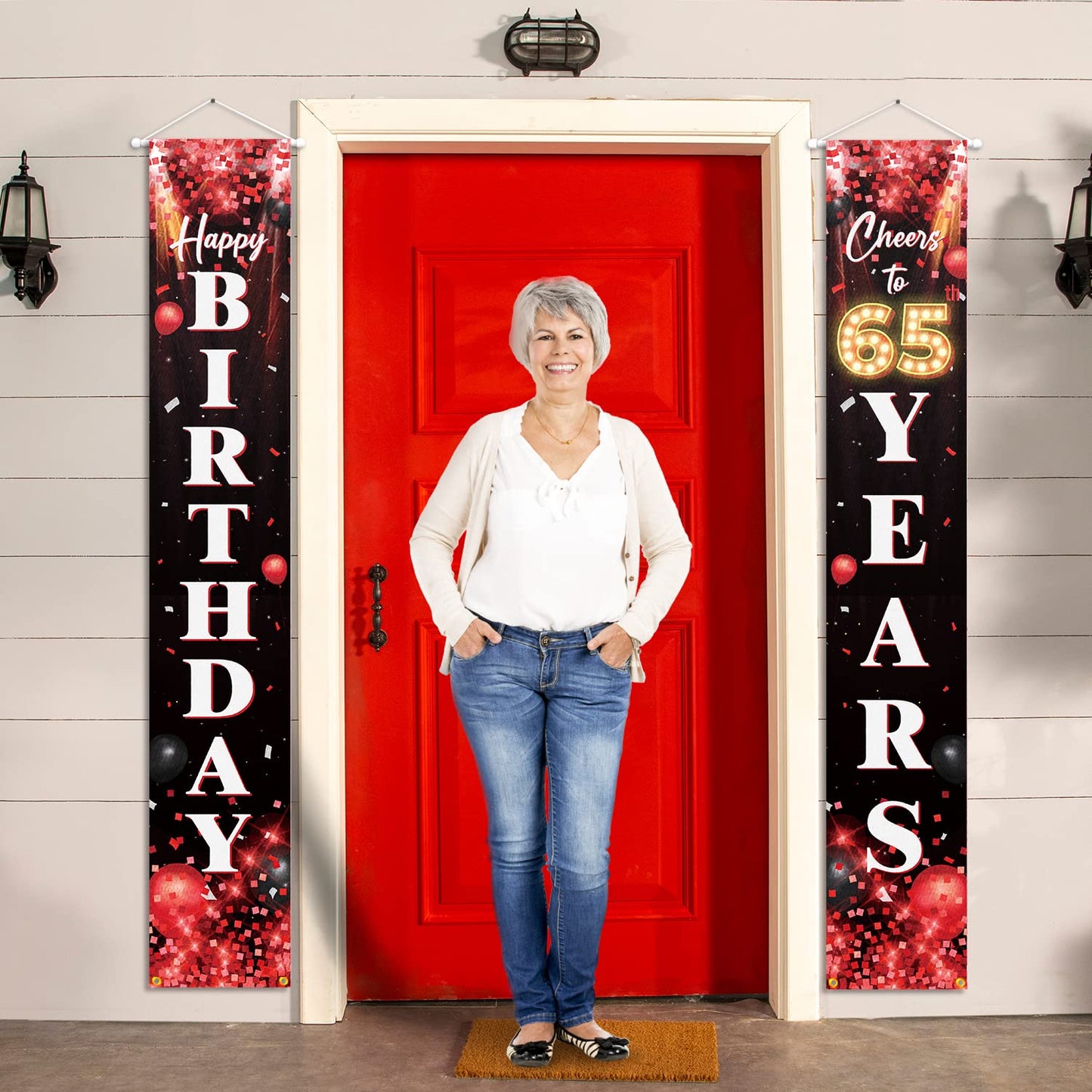 Happy 65Th Birthday Porch Sign Door Banner Decor Red And Black - Glitter Cheers To 65 Years Old Birthday Party Theme Decorations