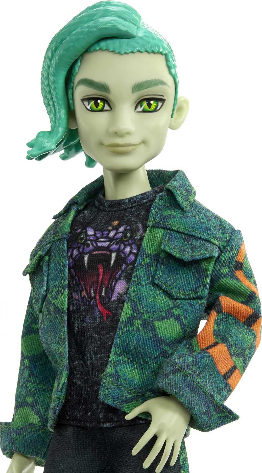 Monster High Deuce Gorgon Doll with Denim Snake Jacket & Accessories, Pet Mouse Perseus, 11.81 Tall, Multicolor