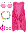 IWALUE 60s 70s Outfits Hippie Costume Set Kid Girls Fringe Tassel Vest with Earring Headband Glasses(Pink,6-8 Years)