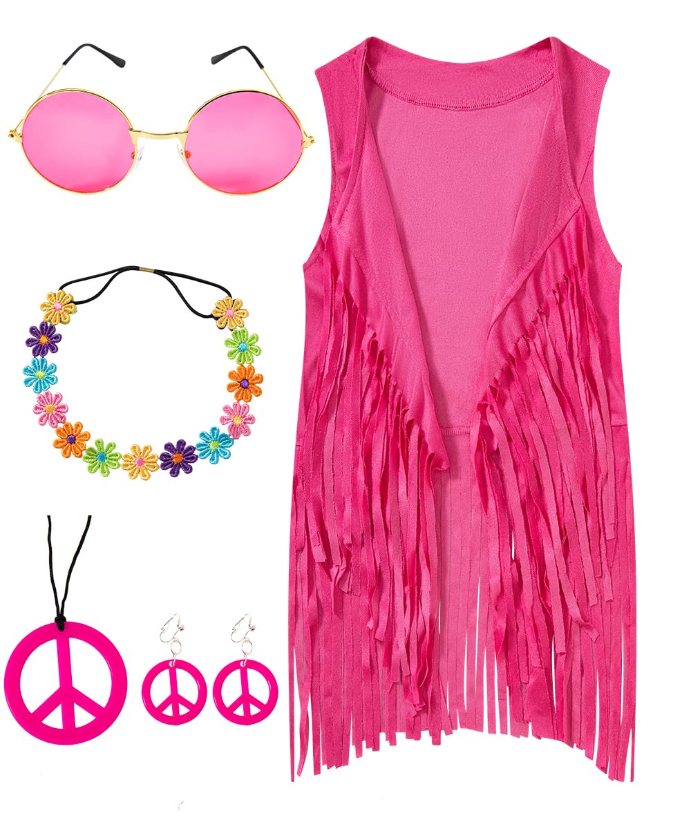 IWALUE 60s 70s Outfits Hippie Costume Set Kid Girls Fringe Tassel Vest with Earring Headband Glasses(Pink,10-12 Years)