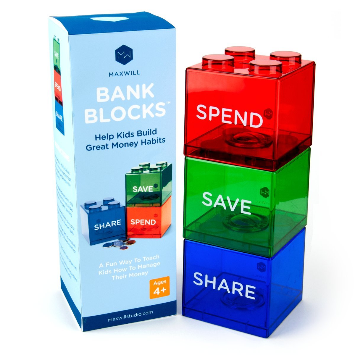 Save Spend Share Piggy Bank for Kids - Clear Transparent Plastic Coin Banks for Boys & Girls - Teach Children About Giving & Sav
